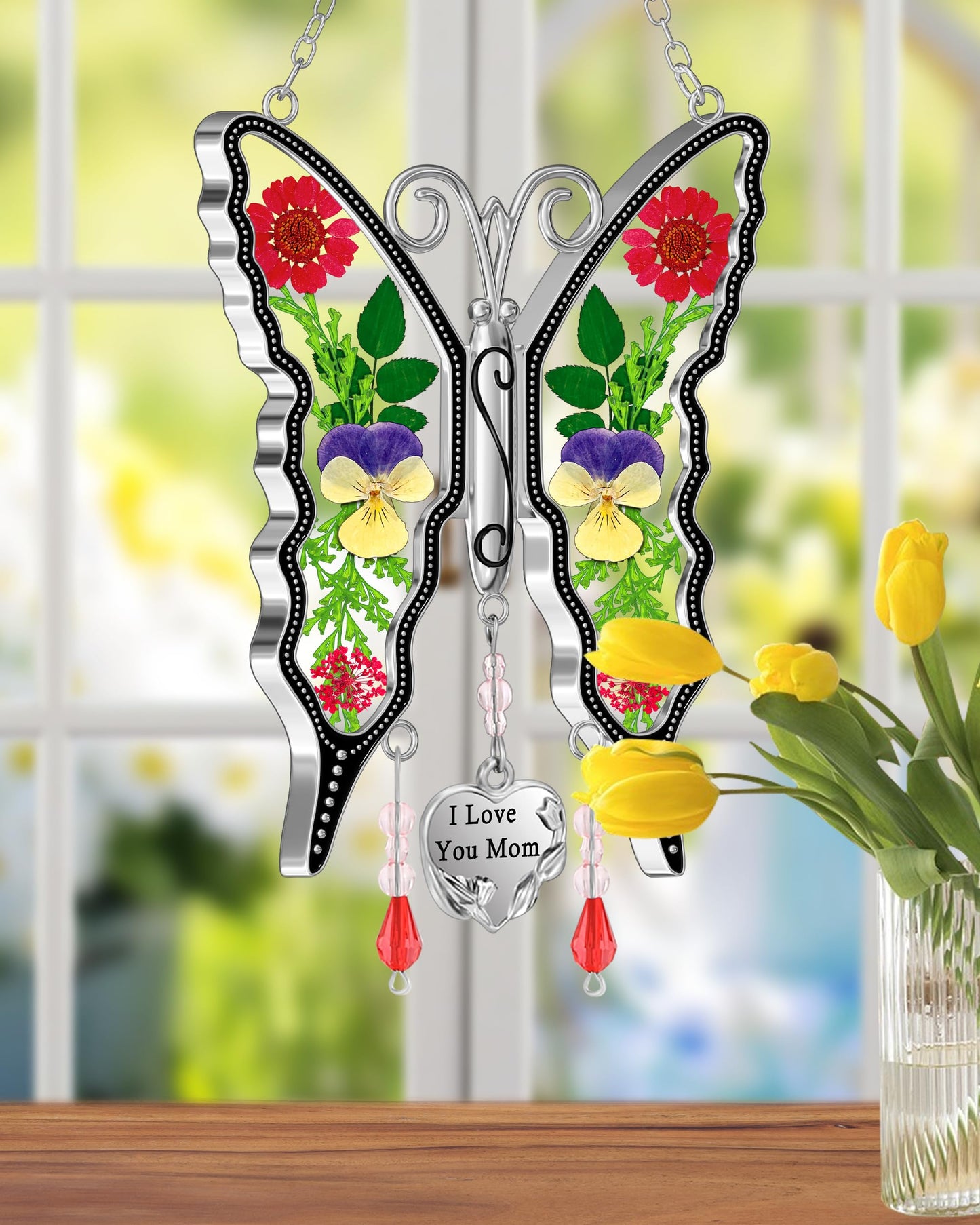 KY&BOSAM Gifts for Mom Butterfly Suncatcher I Love You Mom Stained Glass Sun Catcher Hanging for Window Wind Chime Pressed Dried Flowers Engraved and Metal Charm Mothers Day Valentine's Birthday Decor