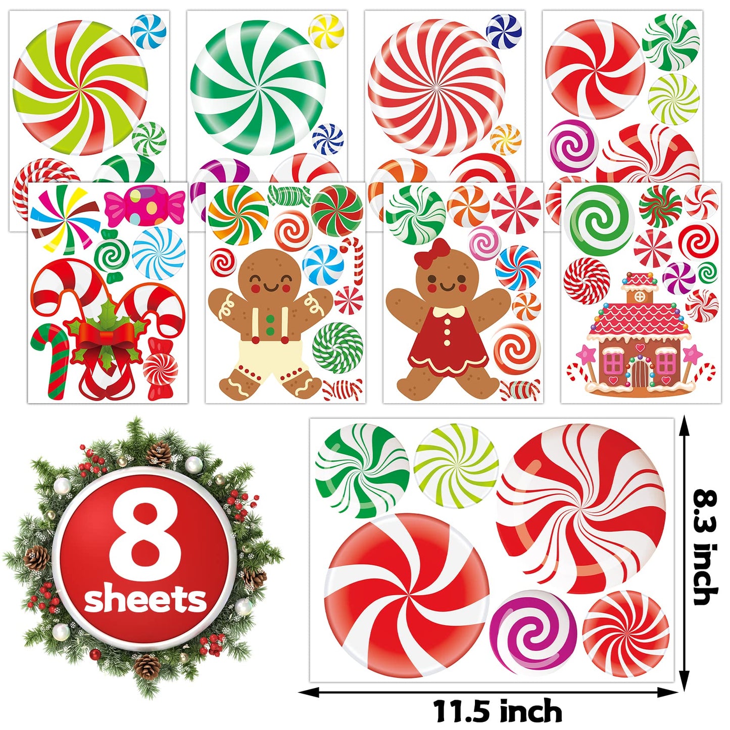 Christmas Decorations - Christmas Wall Stickers Christmas Floor Decals Peppermint Candy Cane Gingerbread Man Stickers Decor 59 PCS Xmas Candy Stickers for Candy Land Decorations 8 Sheets