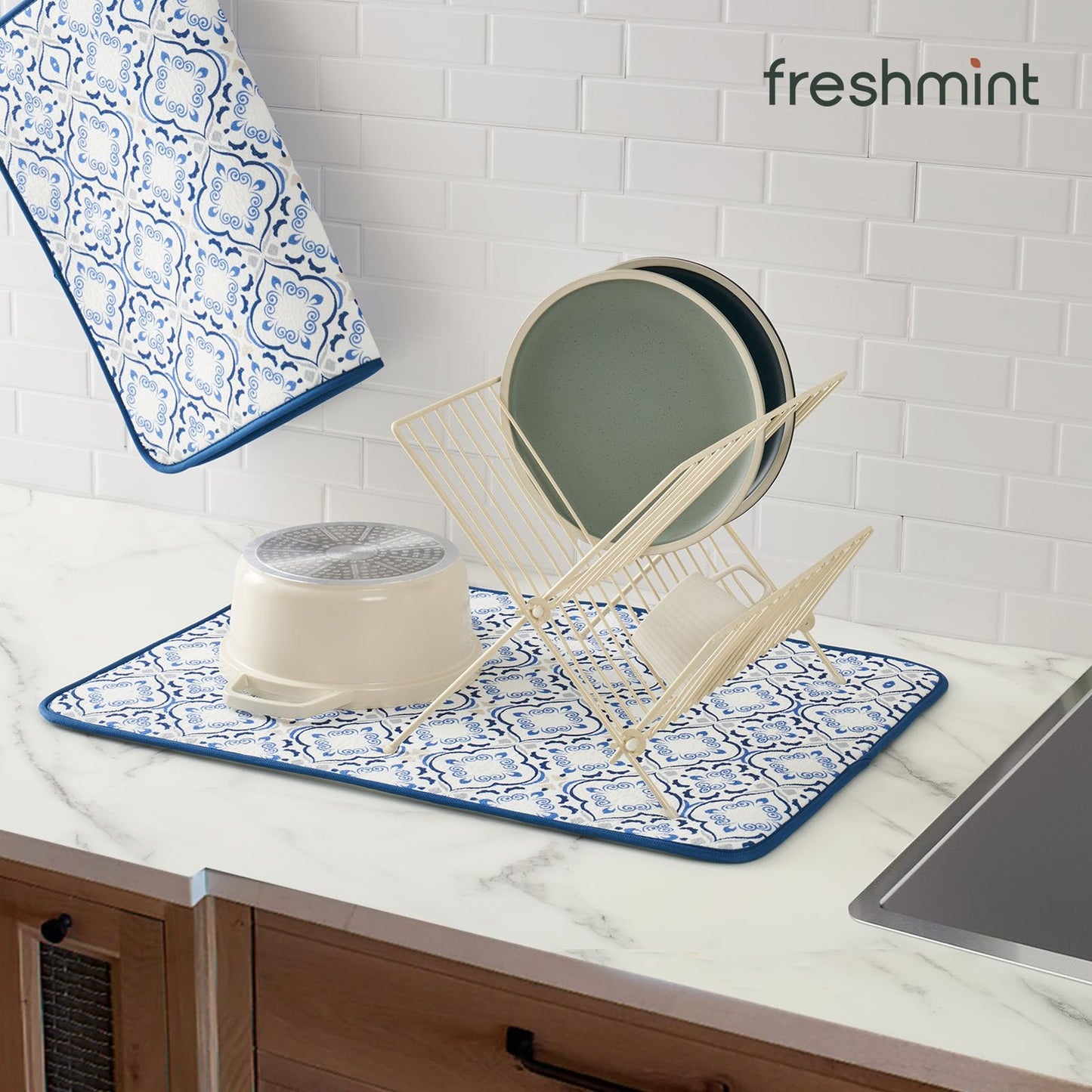 Printed Dish Drying Mats for Kitchen Counter 2 Pack Absorbent Reversible Drying Mats Microfiber Kitchen Countertop Protector Dishes Drying Pad Extra Large 18"x16" Dish Mat