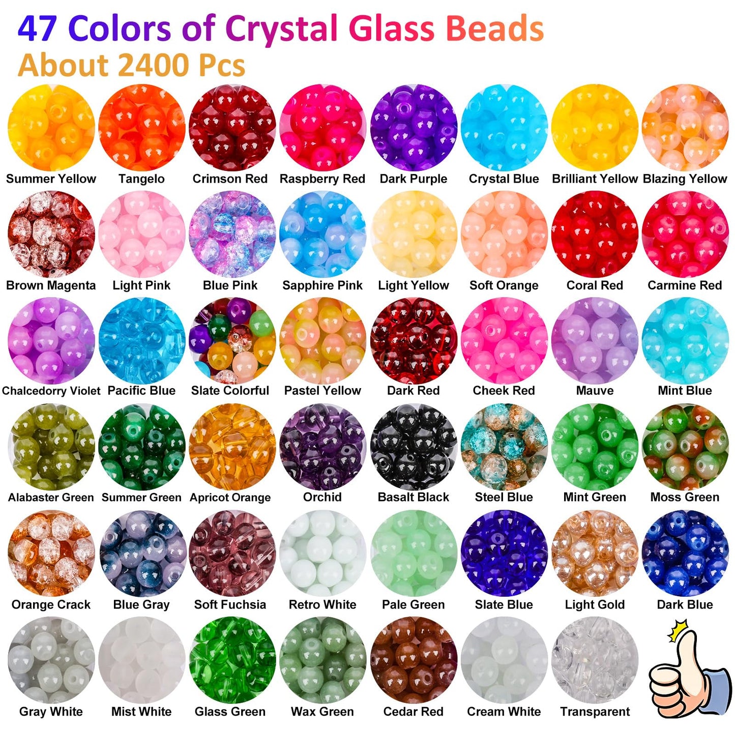 2400 PCS 8mm Glass Beads Bracelet Making Kit, 47 Colors Crystal Beads for Jewelry Making and DIY Crafts，4 Box Round Beads