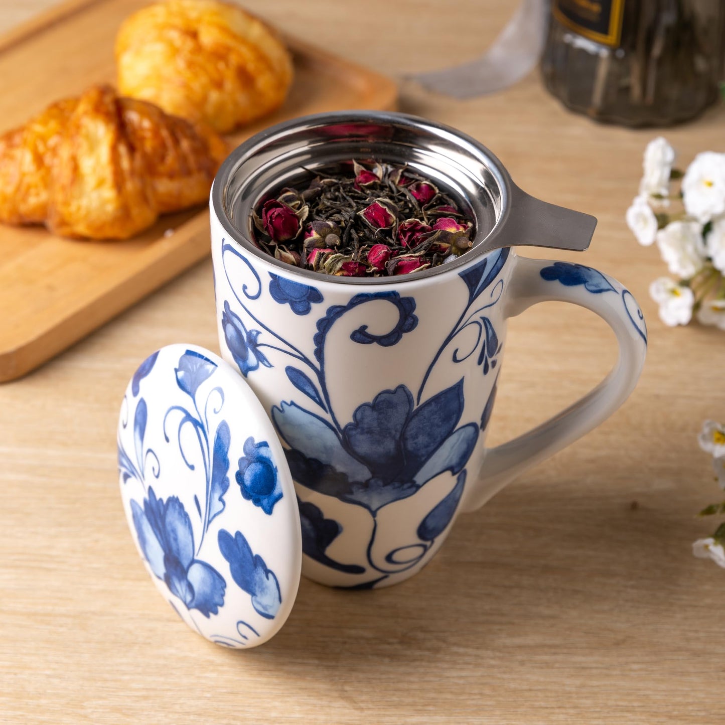 Tea Mug with Infuser and Lid, 18 Ounce Large Ceramic Loose Leaf Cup, Microwave, Dishwasher Safe, Perfect for Tea Lovers