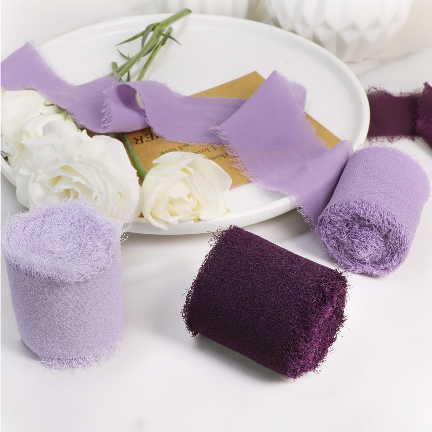 Silk Ribbon Fringe 1-1/2 inch x 16.5 Yard Handmade Ribbons 3 Rolls for Gift Wrapping, Wedding Invitations, Bridal Bouquets, Crafts, Flower Bouquet (Purple)