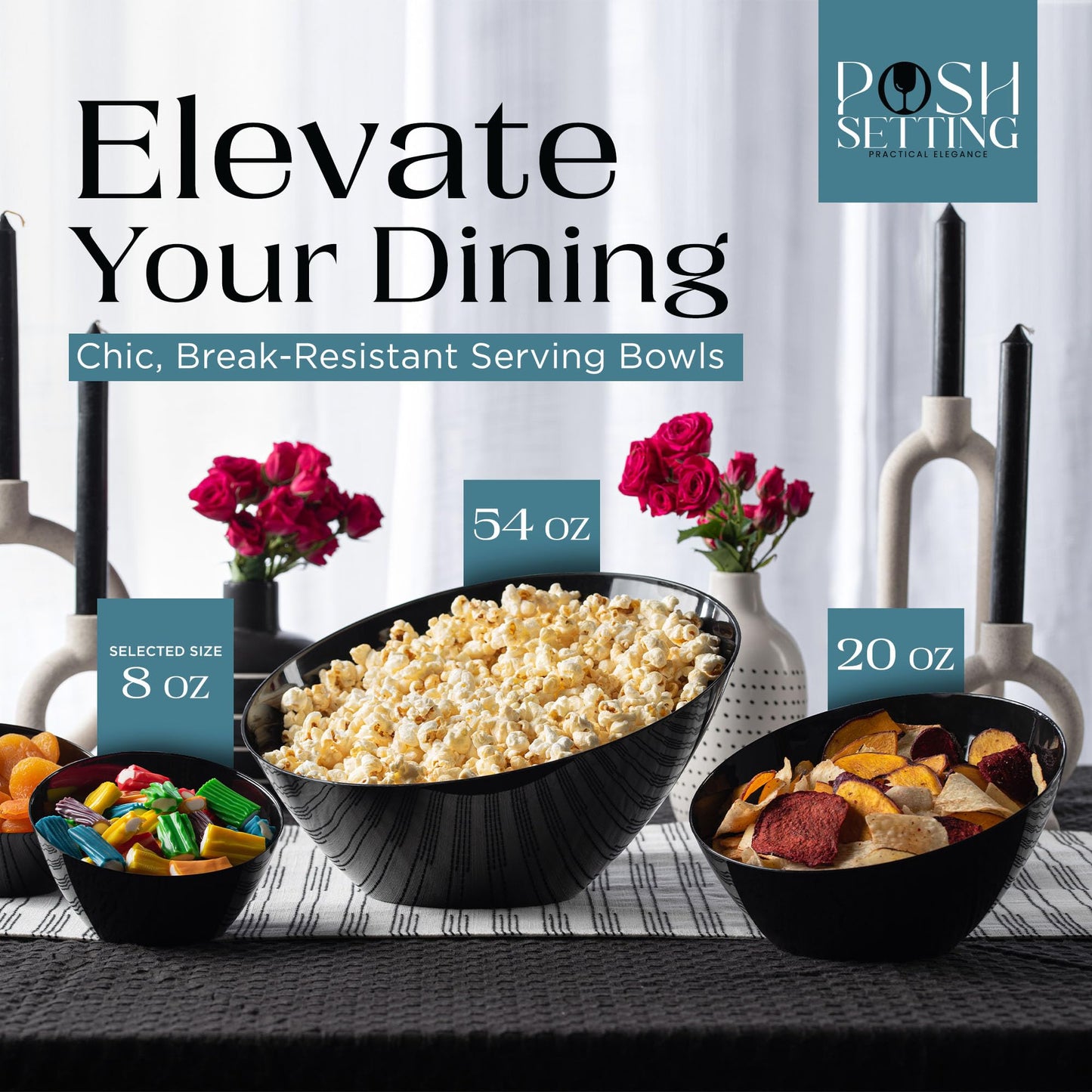 Posh Setting Black Plastic Serving Bowls Disposable - Angled Bowls - Angled Candy Bowl - Plastic Snacks & Chip Bowls for Parties - Black, Gold & Clear, White Serving Dishes, 8 OZ, 5 Pack