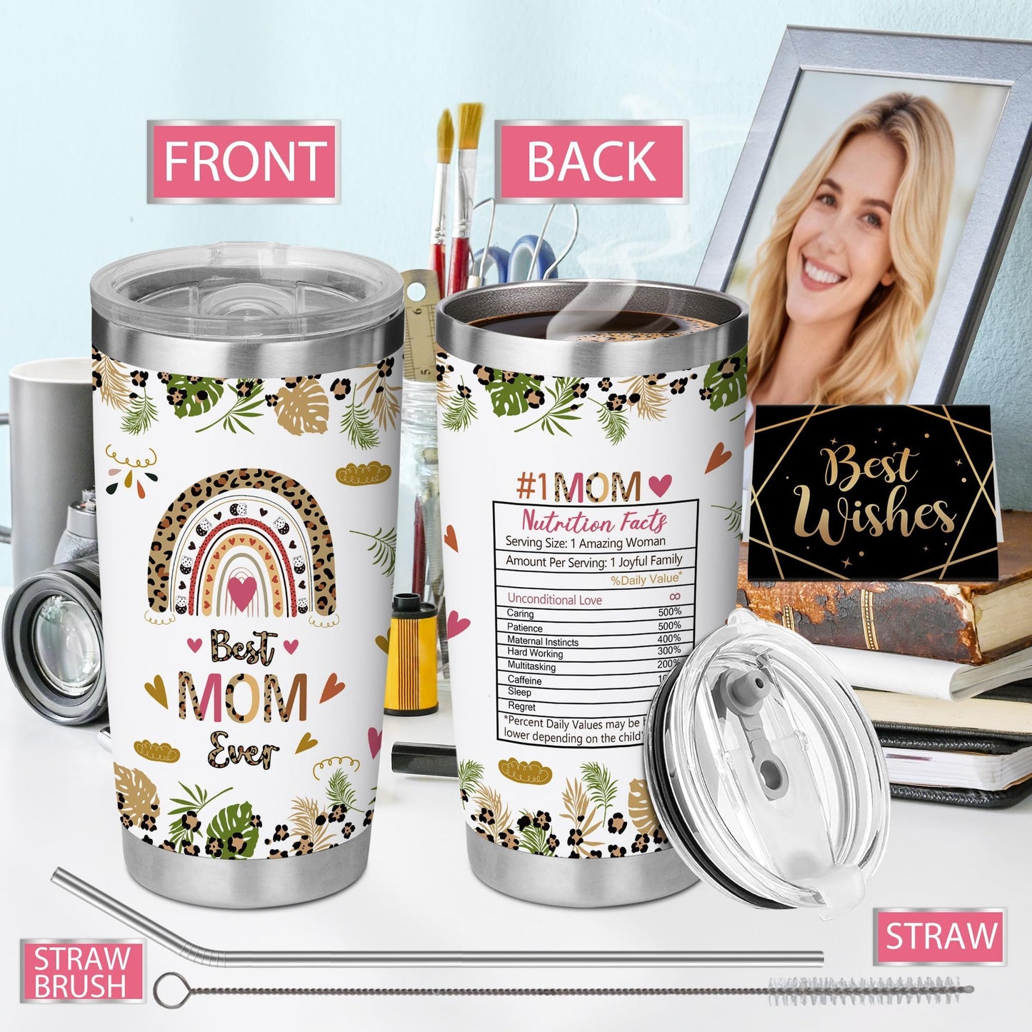 Hexagram Mom Birthday Gifts from Daughter, Best Mom Ever 20 oz Tumbler, Mothers Day Moms Gifts from Son, Moms 18/8 Stainless Steel Coffee Cup with Lid, Mothers Day Mama Present