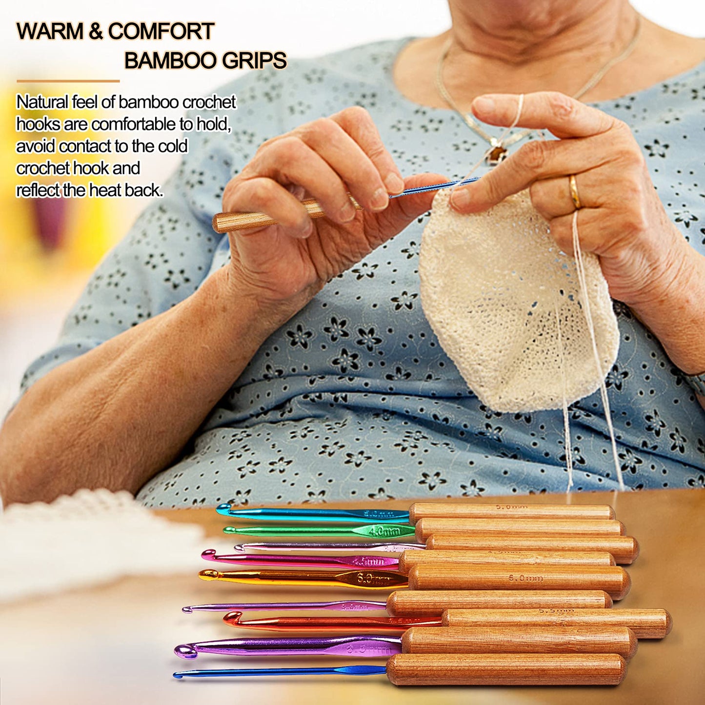 Bamboo Crochet Hooks Comfort Grip, 6.7" Crochet Kit Longer Aluminum Shaft Crochet Needles for Crocheting, Ergonomic Knitting Hooks Set for Crochet Yarn Craft, Premium Knitting Crochet Supplies