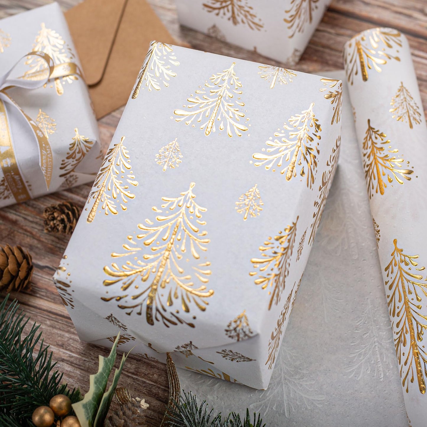 Kraft Christmas Wrapping Paper,White Gold 3D Embossed Foil Christmas Tree with Woodlands Wrap Paper for Holiday, Party,Celebration, New Year (17 Inch X 32.8 Feet)