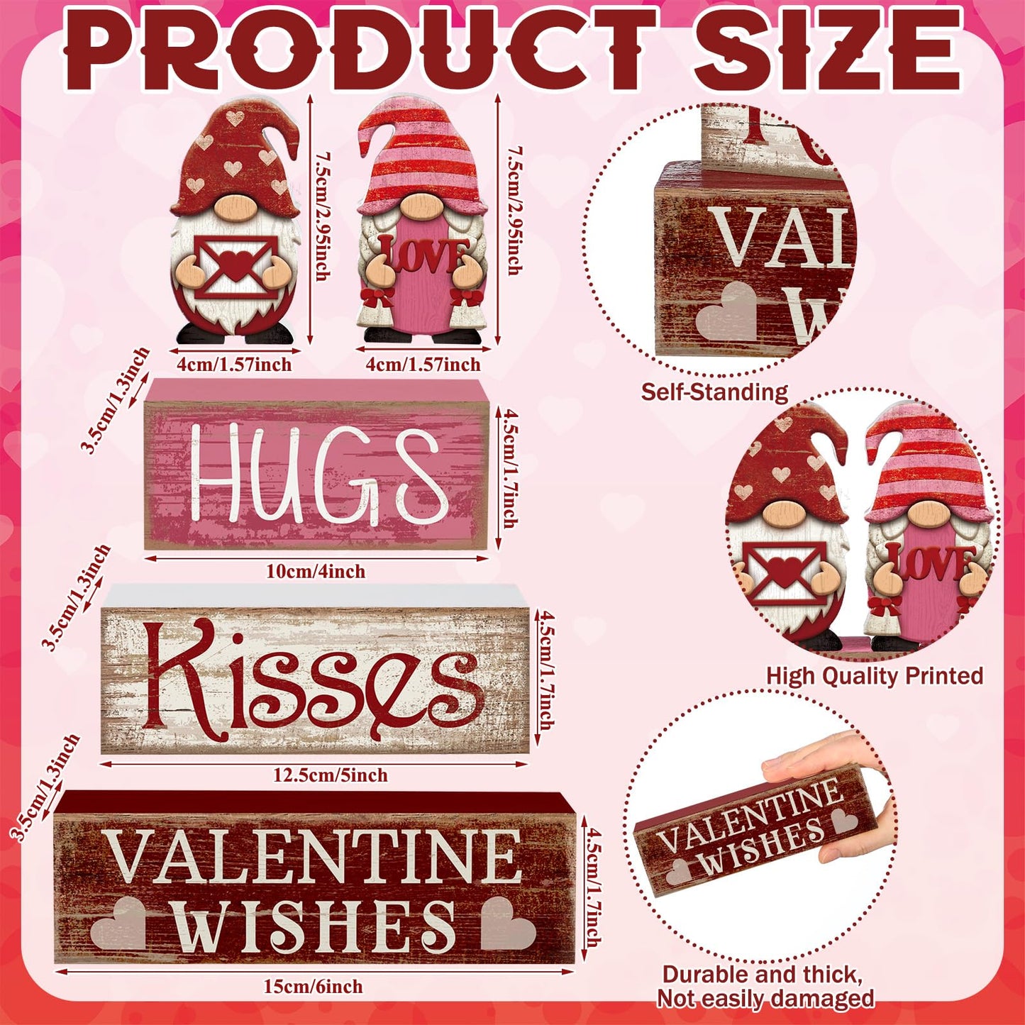 4 Pcs Valentine Day Table Decoration Pink Gnomes Valentine Centerpiece Valentine's Day Tiered Tray Decor Rustic Wooden Gnomes Heart Block Signs Red Pink White Valentines Decor for Home