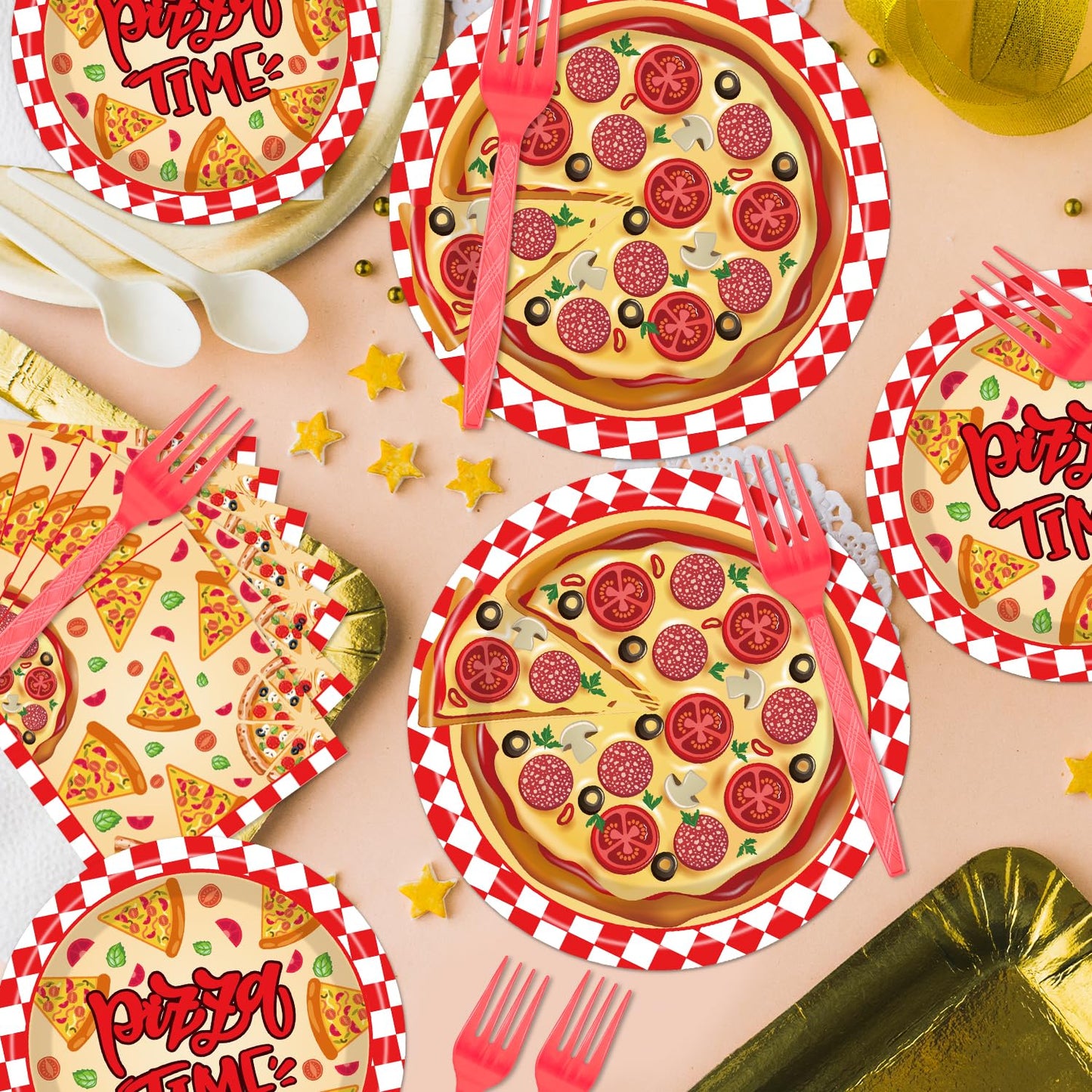 EngoEagle Pizza Plates and Napkins Party Supplies - 96PCS Pizza Birthday Party Decorations Pizza Time Pizza Themed Disposable Tableware Set Serves 24 Guests