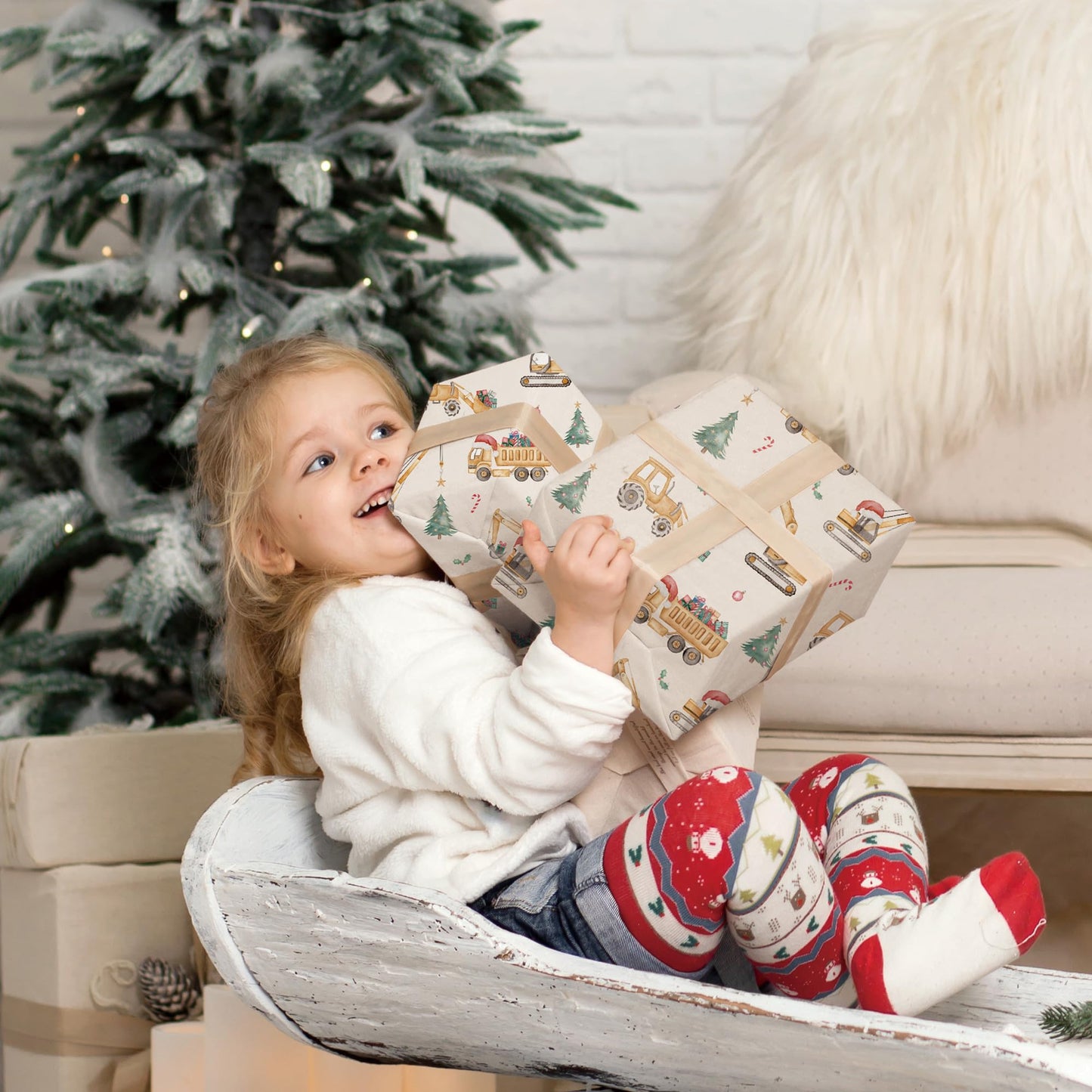 Construction Christmas Wrapping Paper for Kids - Holiday Wrapping Paper with Dump Trucks, Cranes, Excavators with Santa Hats & Gifts, Christmas Tree - 40×28 Inches, 4 Folded Sheets