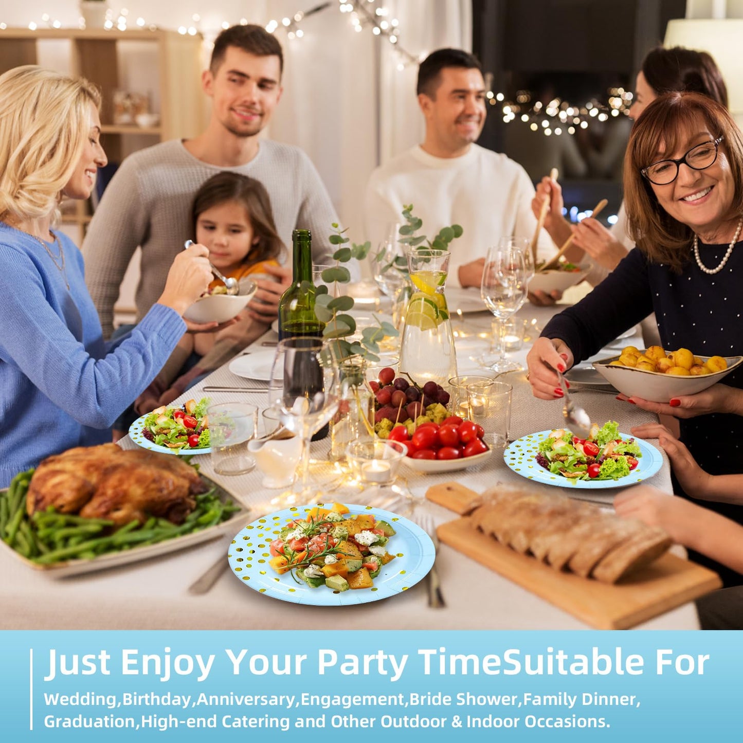 Blue Gold Paper Plates and Napkins Tableware Set-25 x 7''Dessert Plates & 25 x 6.5''Napkins & 25 x 7.3''Forks,Blue Party Supplies for Baby Showers,Birthday,Wedding,Bridal Shower,Anniversary(Serve 25)