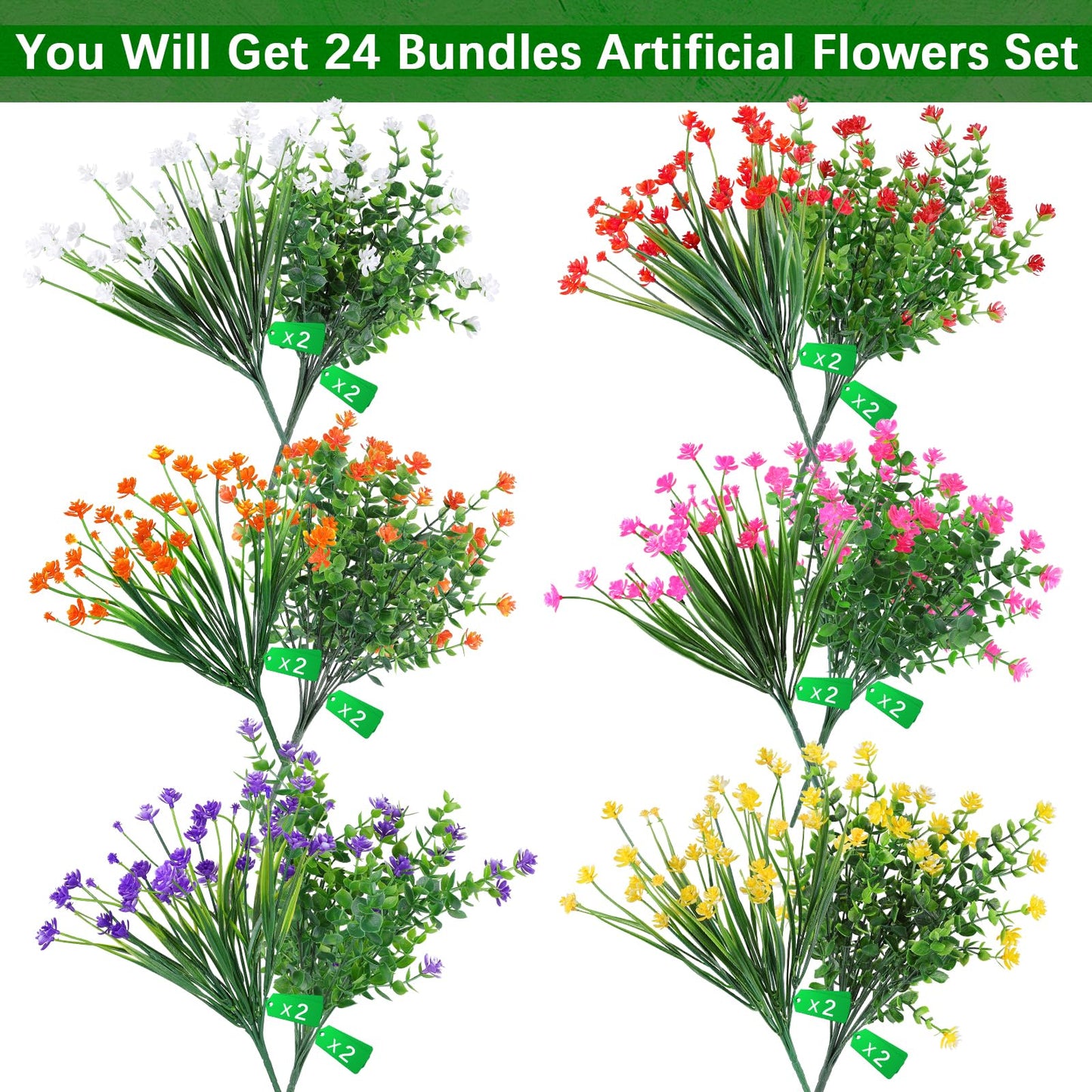 AGIRL 24 Bundles Artificial Flowers Outdoor,No Fade Fake Plastic Flowers Faux Plants for Decoration Hanging Planters Indoor Outside Garden Porch Window Box Home Farmhouse Wedding