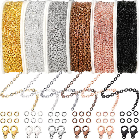 60ft Jewelry Necklace Chains 2mm Jewelry Chain Links for Making Bracelets Earrings DIY Craft Supplies Findings, 6-Colors Gold Silver Copper Plated Metal Cable Rolo Link Chain Rolls Bulk