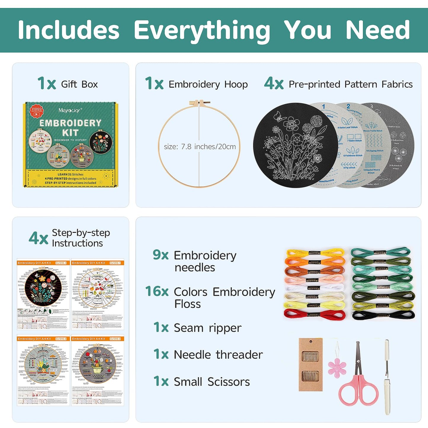 Embroidery Kit for Beginners, 4 Pack Starter Embroidery Kits for Adults Learn 31 Stitches, Beginner Embroider Practice Stitches Kit,DIY Hand Craft Needlework Gift for Women