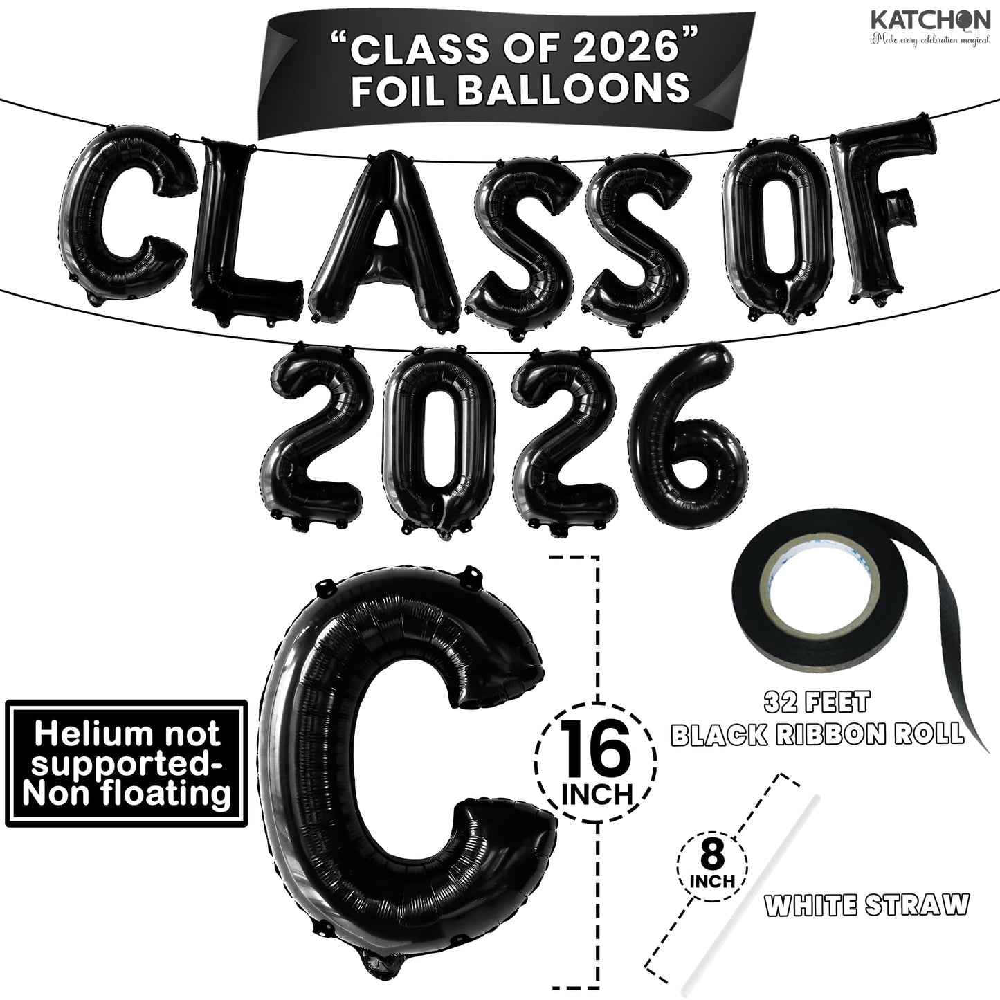 KatchOn, Black Class of 2026 Balloons - 16 Inch | Graduation Balloons Banners | Black Graduation Decorations 2026 | Class of 2026 Banner for Class of 2026 Decorations, Graduation Party Decorations