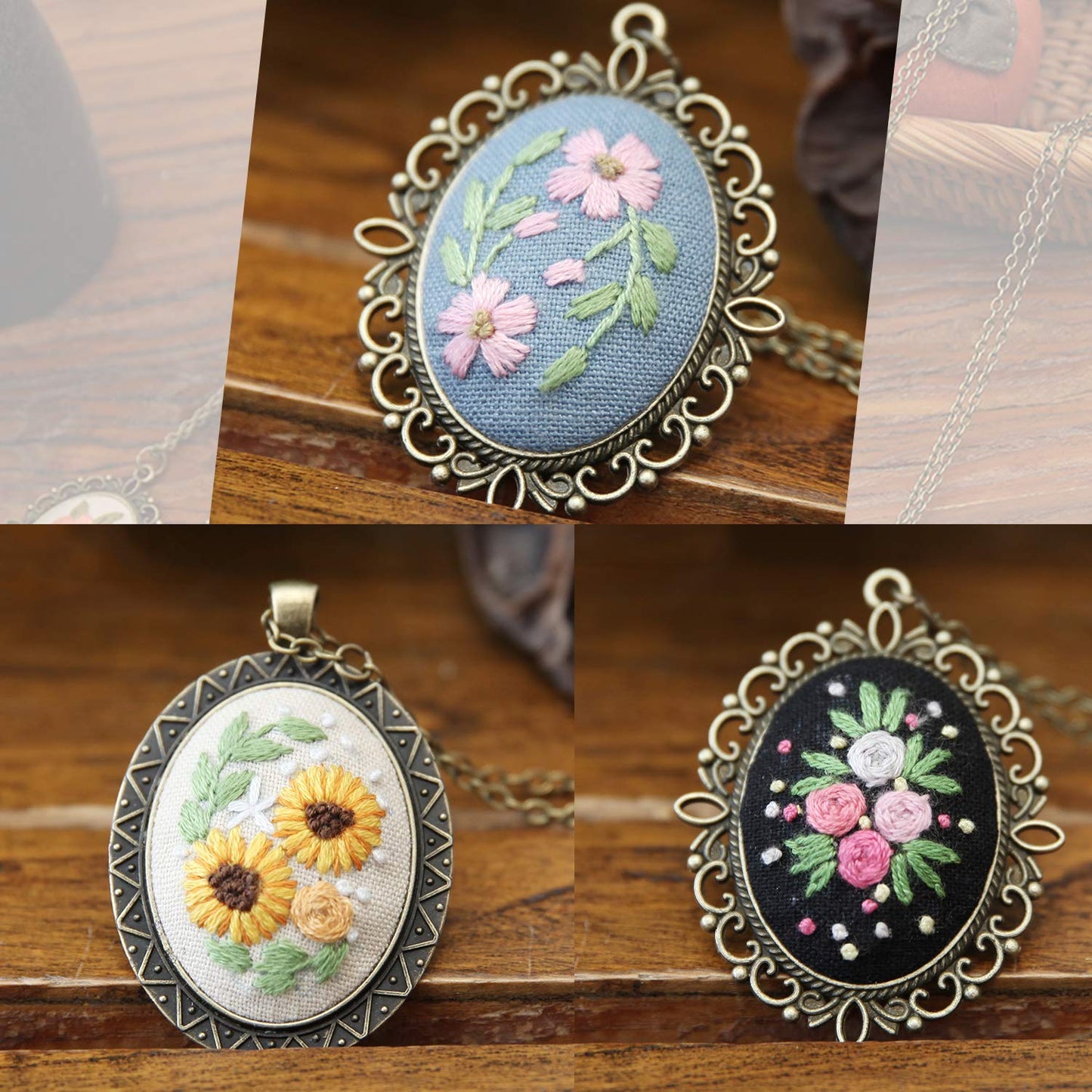 MWOOT 3 Pack Pendant Embroidery Starter Kit for Beginners,Retro Necklace Series Cross Stitch Tools for Necklace & Earrings & Hand Sewing Jewelry & Creative Gifts,Style A