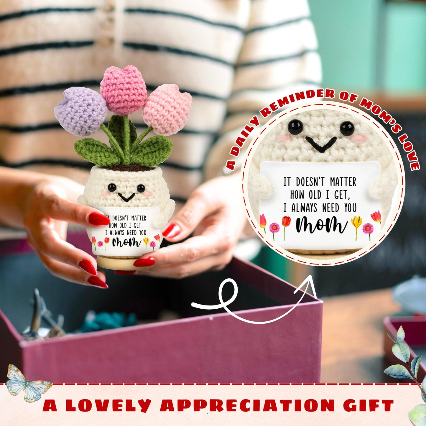 Lucagift Gifts for Mom from Daughter Son - Cute Mothers Day, Birthday Gifts for Moms, Mother, Mama - 5.51'' x 4.13'' Mother's Day Knitted Positive Tulip Flowers Mom Crochet Doll