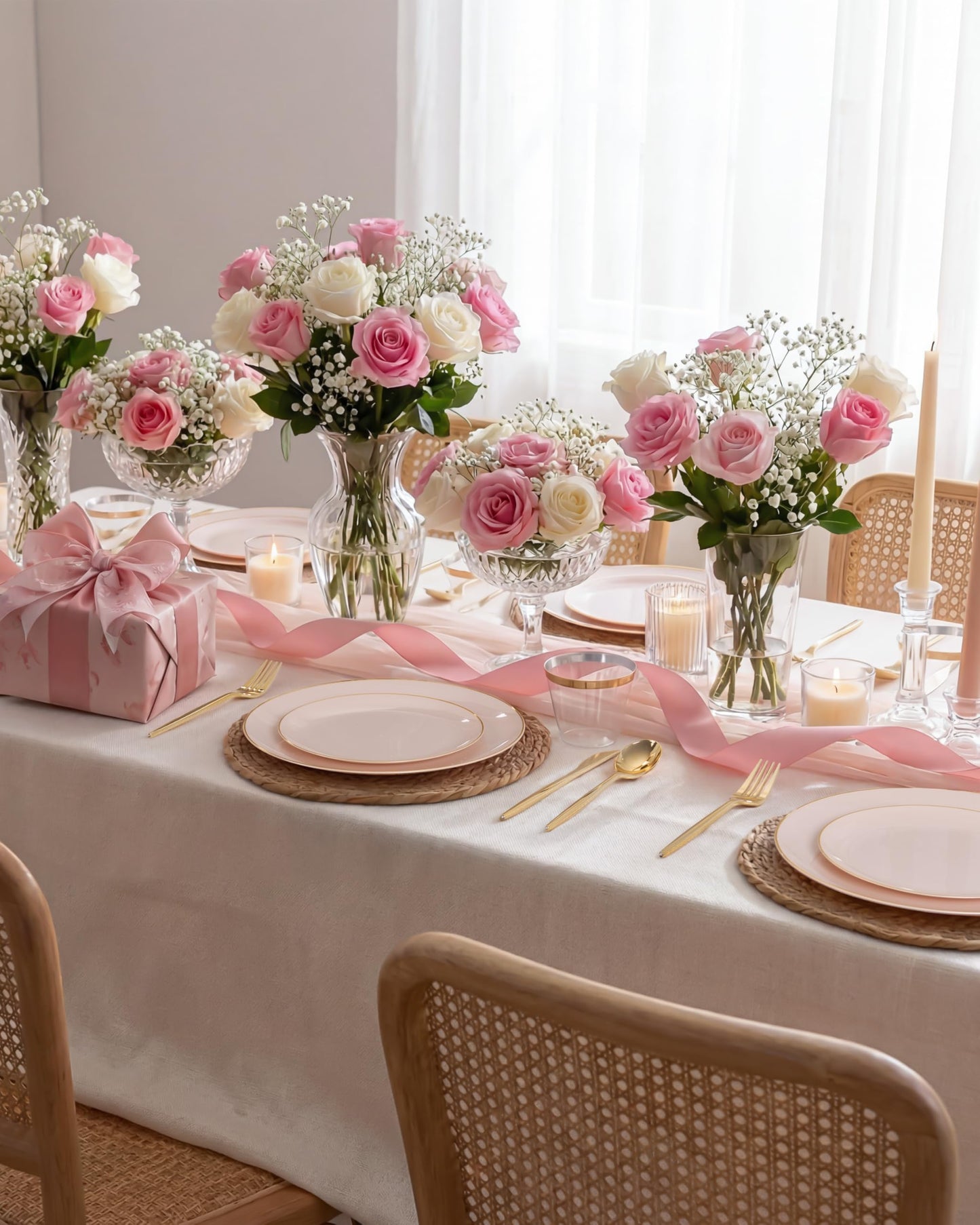 bUCLA 150PCS Pink Plastic Plates - Pink and Gold Disposable Include 25 Each (Dinner & Dessert) Plates, 25 Knives, 25 Forks, 25 Spoons and 25 Cups, Ideal for Party, Wedding & Easter