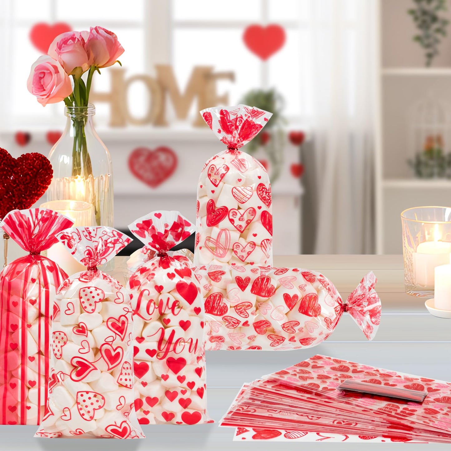 100 Pcs Valentine Treat Bags - Red Heart Cellophane Goodie Bags, Clear Plastic Happy Valentine's Day Cello Candy Gift Bag With Twist Ties for Wedding Anniversary Party Favors Supplies