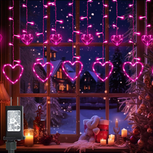 Valentine's Day Decoration, 138 LED Connectable Heart Curtain Lights with 8 Twinkle Modes, Plug in Pink Heart-Shaped Icicle Lights for Indoor Outdoor Garden Party Wedding Valentines Day Decor