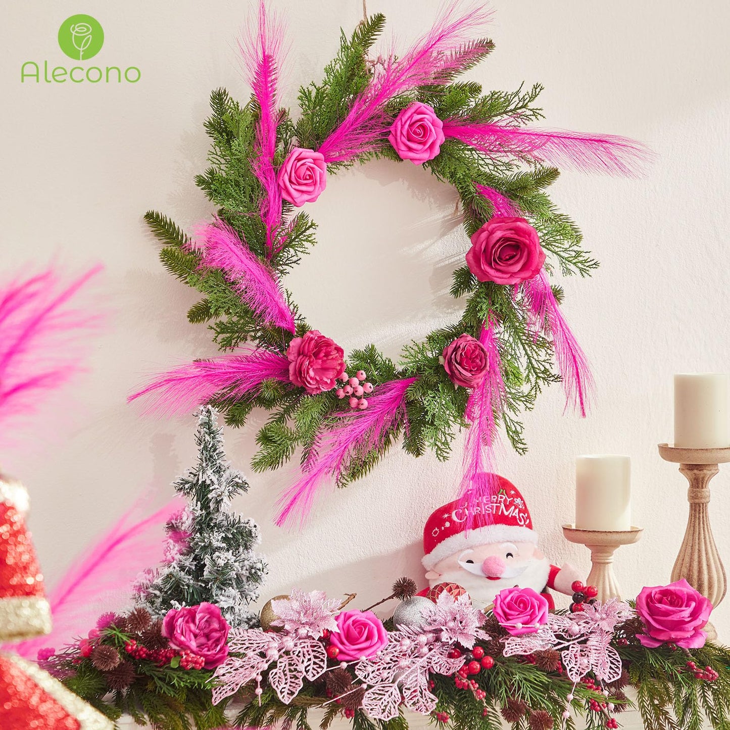 Alecono Hot Pink Pampas Grass 17in 𝟯𝟬𝙋𝙘𝙨, Artificial Faux Fluffy Pampas Grass Decor for Home Wedding Centerpieces Party