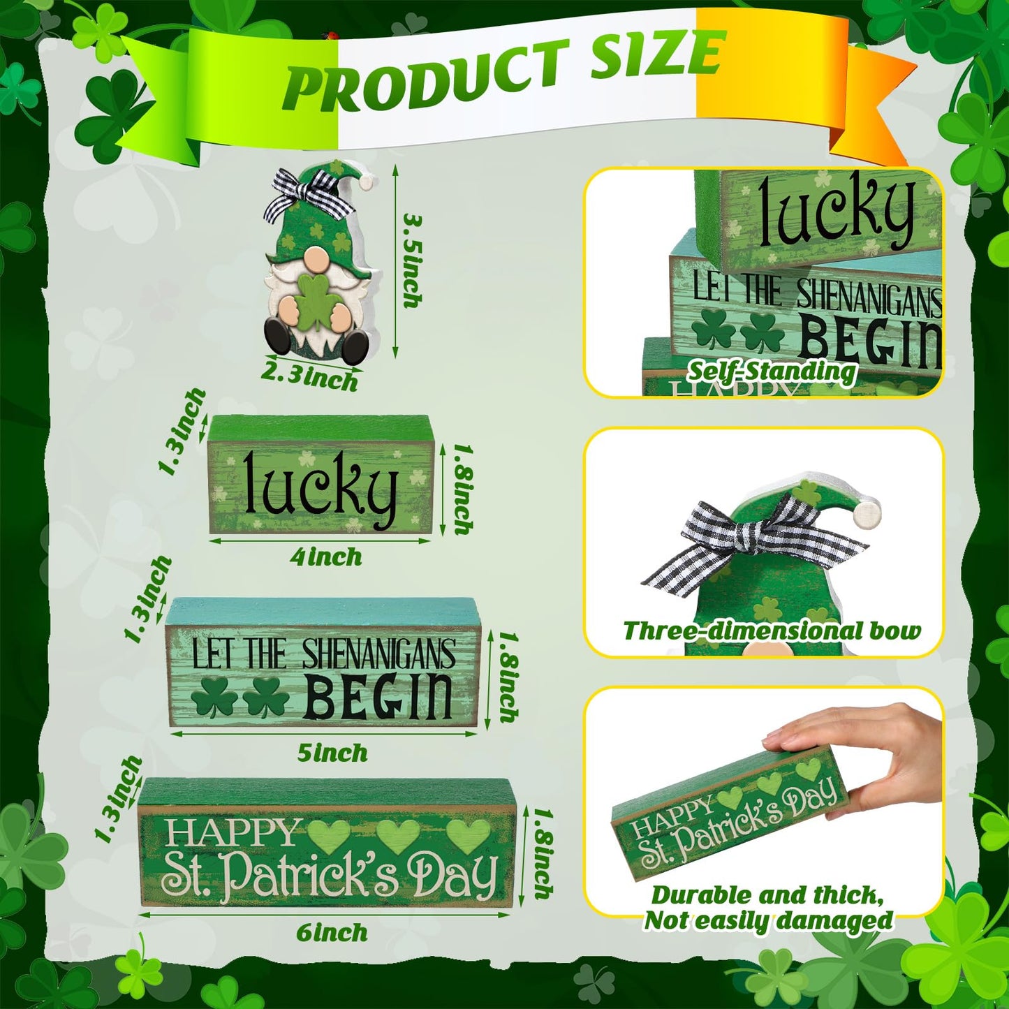 4 Pcs St. Patrick's Day Table Decoration Irish Tiered Tray Decor Wooden Gnome Shamrocks Block Signs Happy St. Patrick's Day Centerpiece for Tables Irish Wooden Sign for Home Decor