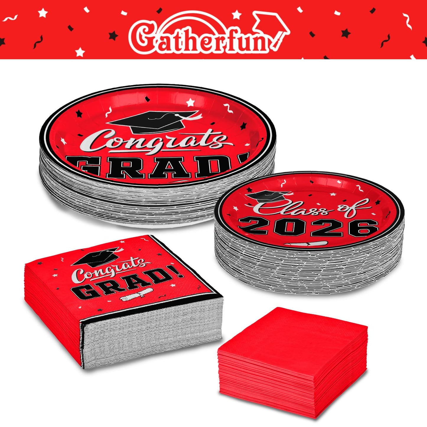 Gatherfun Graduation decorations 2026 Graduation Plates and Napkins Red Disposable Paper Plates Luncheon Napkins Cocktail Napkins for Congrats Grad Party Decorations, Serve 50