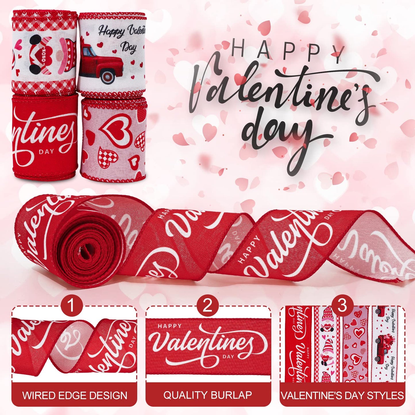 Valentine's Day Wired Edge Ribbon 2.5 Inch Red Pink Heart Love Gnome Truck Fabric Ribbon Sweet Wedding Anniversary Craft Ribbon for Wrapping DIY Bow Wreath Crafts Making, 24 Yards