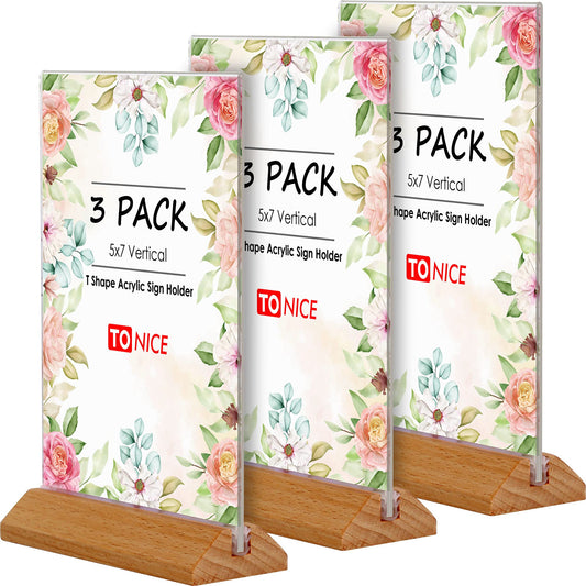 3 Pack 5x7 Acrylic Sign Holder T Shape Clear Acrylic Double Sided Frames with Wood Base Table Menu Display Stand Flyer Display (Optional 8.5x11/5x7 Inch L/T Shape)