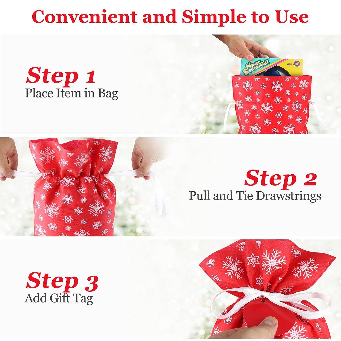 Fabric Gift Bags for Christmas Presents, Set of 6 Drawstring Bags, Cloth Bag, Reusable Gifts (Red Designs)