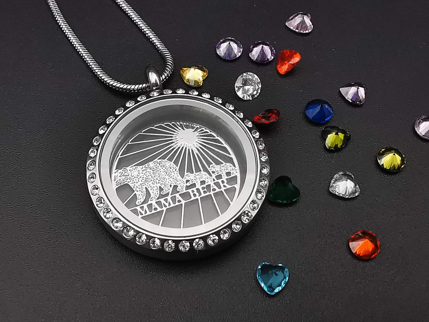 Veeshy Mama Bear Necklace with Two 2 Cubs Necklace for Women, Floating Locket Pendant with 24 Birthstones & Charms for Mummy Mother Family Mom Grandma