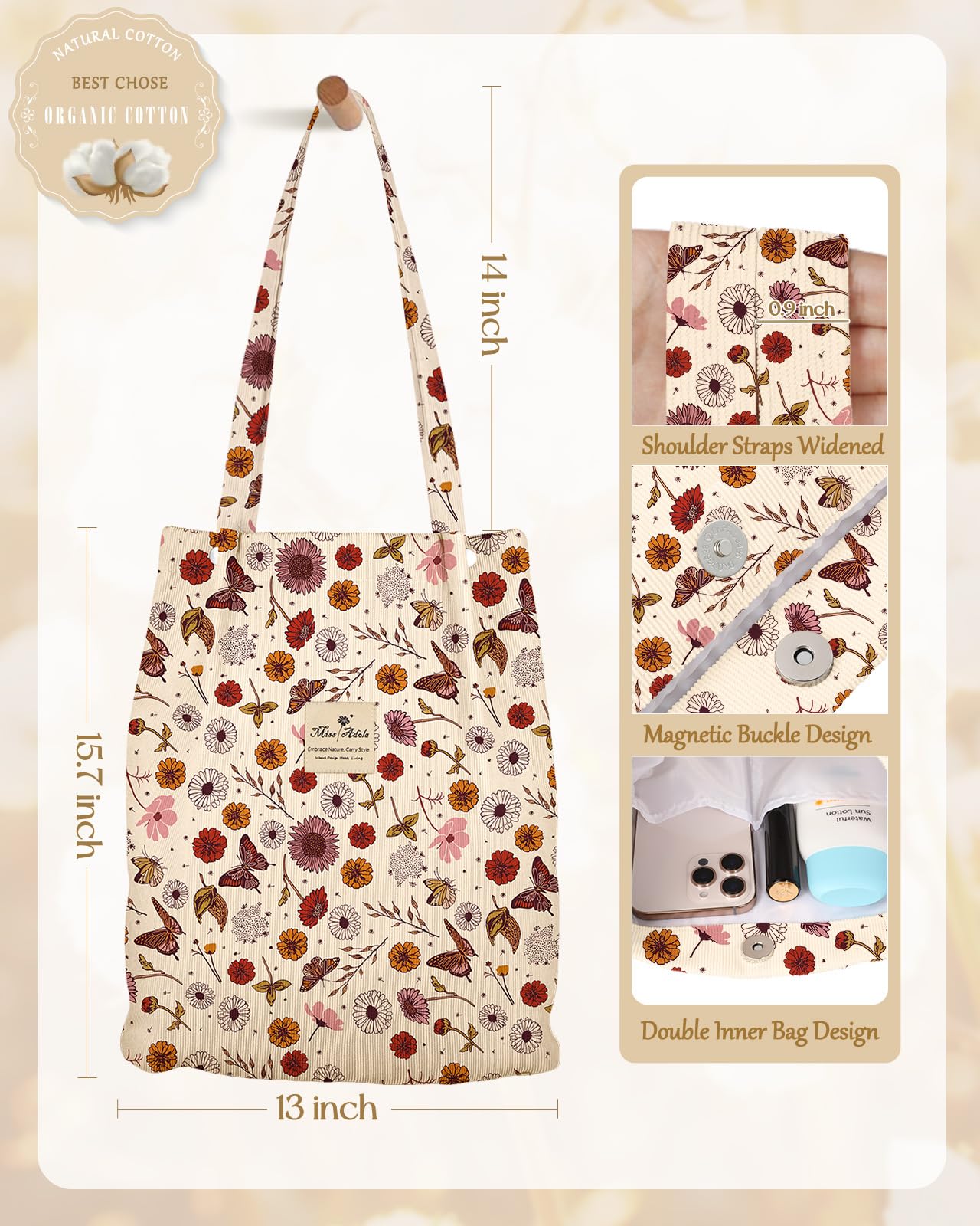 Miss Adola Aesthetic 2 Pack Corduroy Tote Bag - with Corduroy Makeup Pouch Bag for Women Butterfly Flower Reusable Grocery Bag with Buckle Shoulder Bag for Gym, Travel, Work