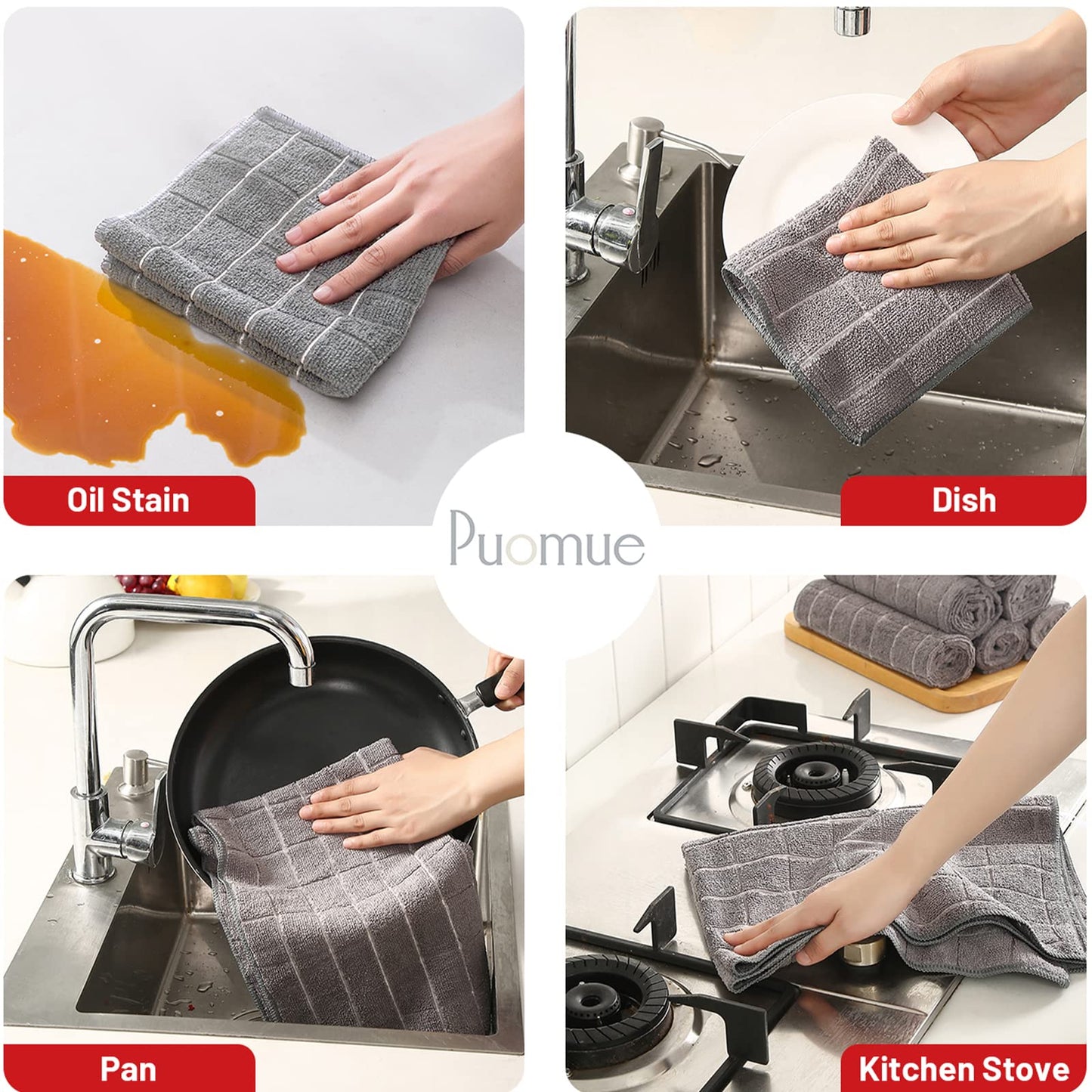 Microfiber Kitchen Towels and Dishcloths Set, 26 X 18 Inch and 12 X 12 Inch, Set of 12 Bulk Lint Free Dish Towels for Drying Dishes, Grey