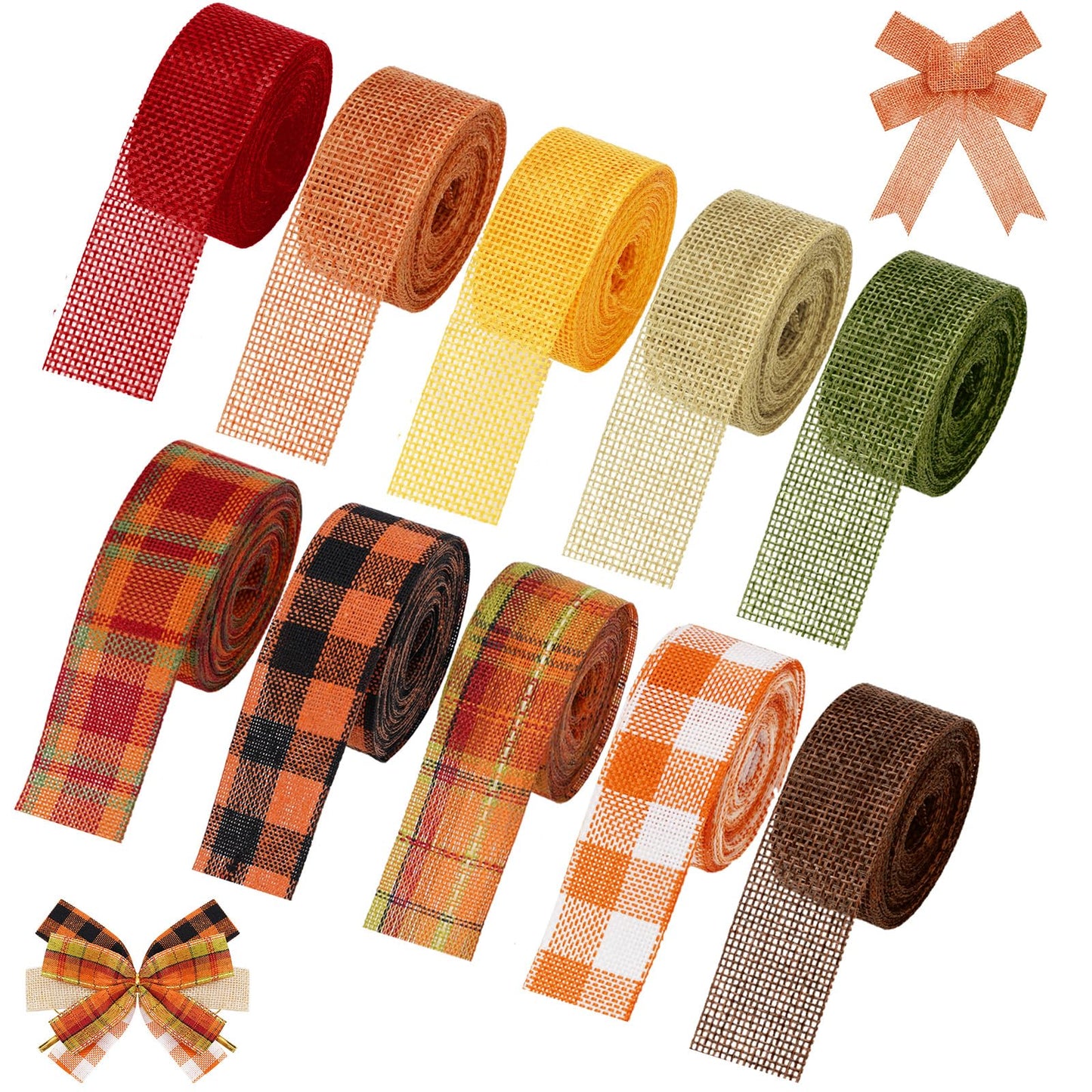 Whaline 10 Rolls 50 Yards Plaid Burlap Ribbon Rolls 1 Inch Fall Wrapping Ribbon Thanksgiving Ribbon Autumn Decorative Ribbon for Autumn Harvest Thanksgiving Wreath Decoration