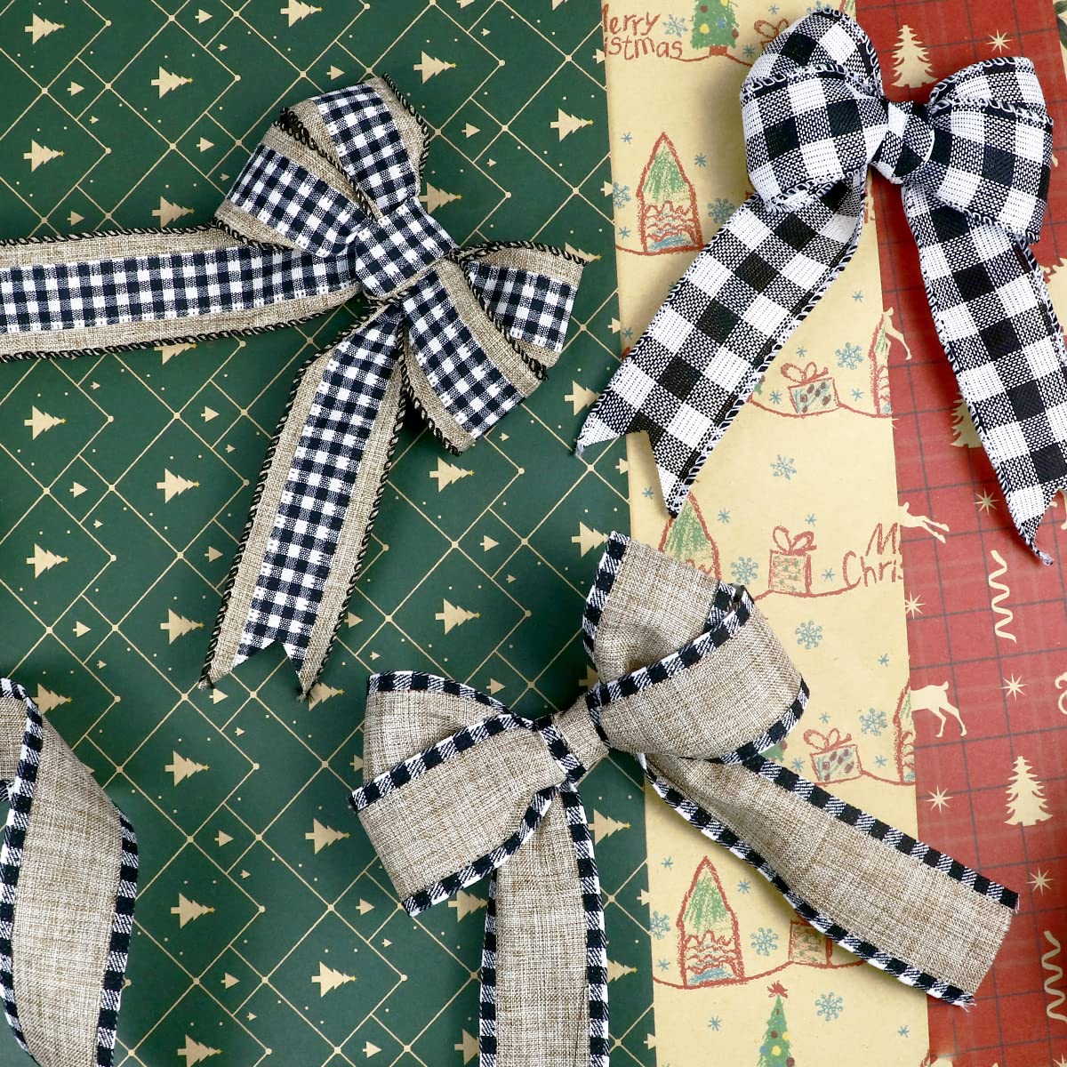 3 Rolls Christmas Buffalo Plaid Ribbon Wired Edge 9.9 Yard Plaid Burlap Ribbon Christmas Checked Burlap Ribbon for Christmas Tree Wrapping Crafts Decoration 1.5 inch Width(Black and White)