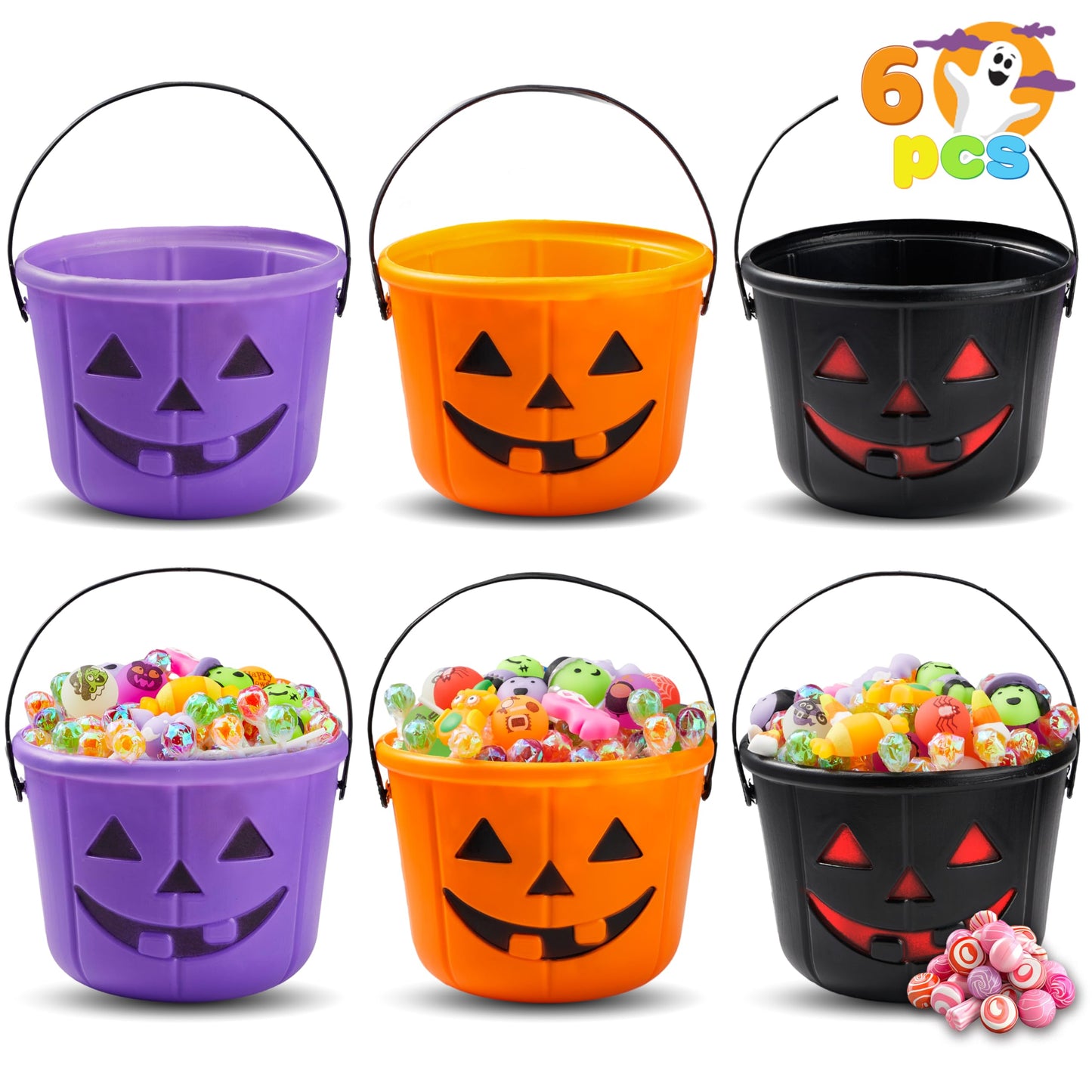 JOYIN 6PCS Halloween Trick or Treat Pumpkin Bucket, Orange Plastic Candy Bucket for Trick or Treating, Black Purple Jack O Lantern Basket and Pails with Handle for Kids Halloween Party Favor Supplies