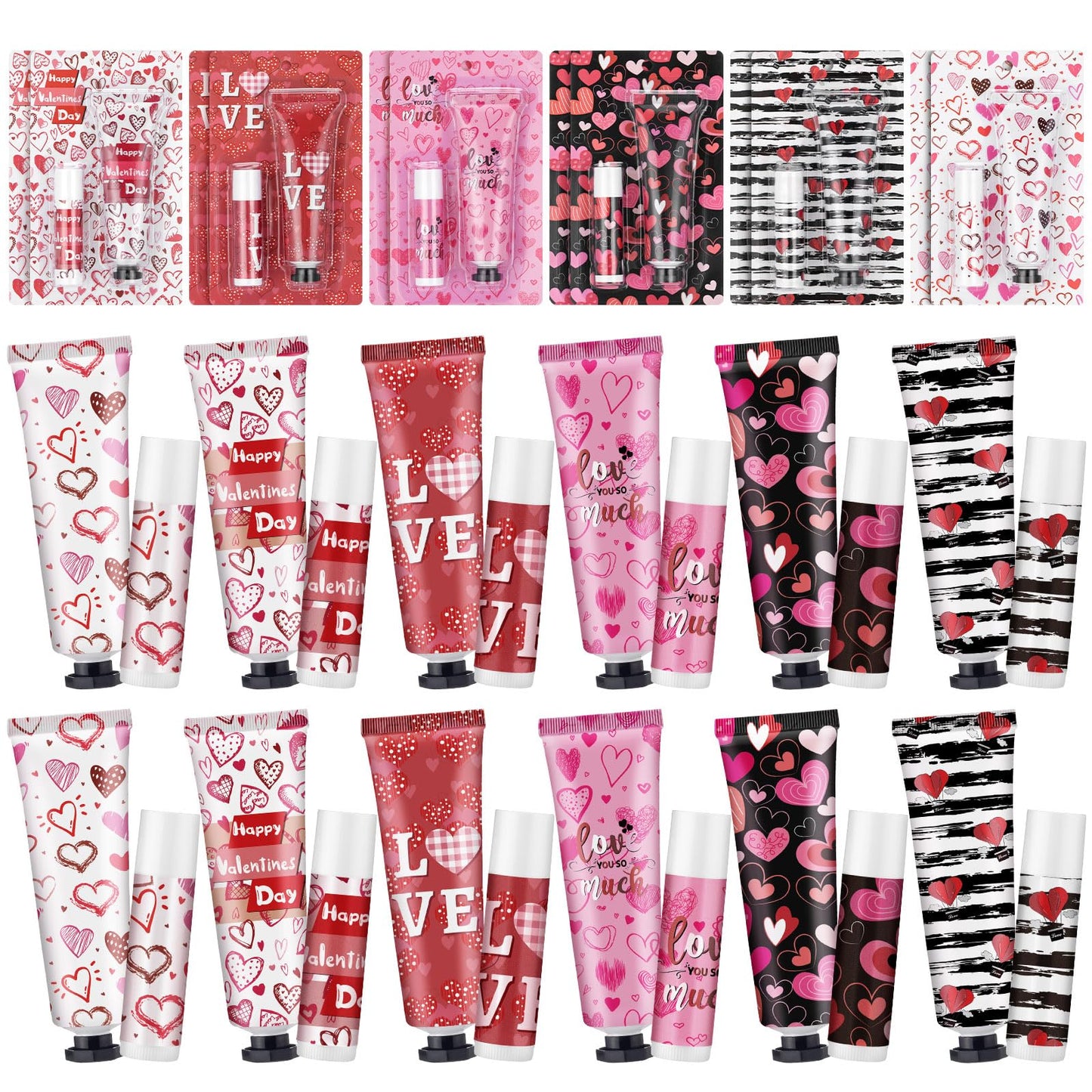 12 Sets Valentine‘s Day Hand Cream Lip Balm Bulk Gifts Galentine's Day Gift Valentine Party Favor Love Heart Travel Size Moisturizing Hand Lotion for Women Coworker Teacher Nurse, 30 ml