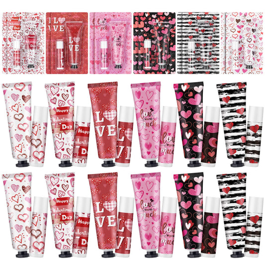 12 Sets Valentine‘s Day Hand Cream Lip Balm Bulk Gifts Galentine's Day Gift Valentine Party Favor Love Heart Travel Size Moisturizing Hand Lotion for Women Coworker Teacher Nurse, 30 ml