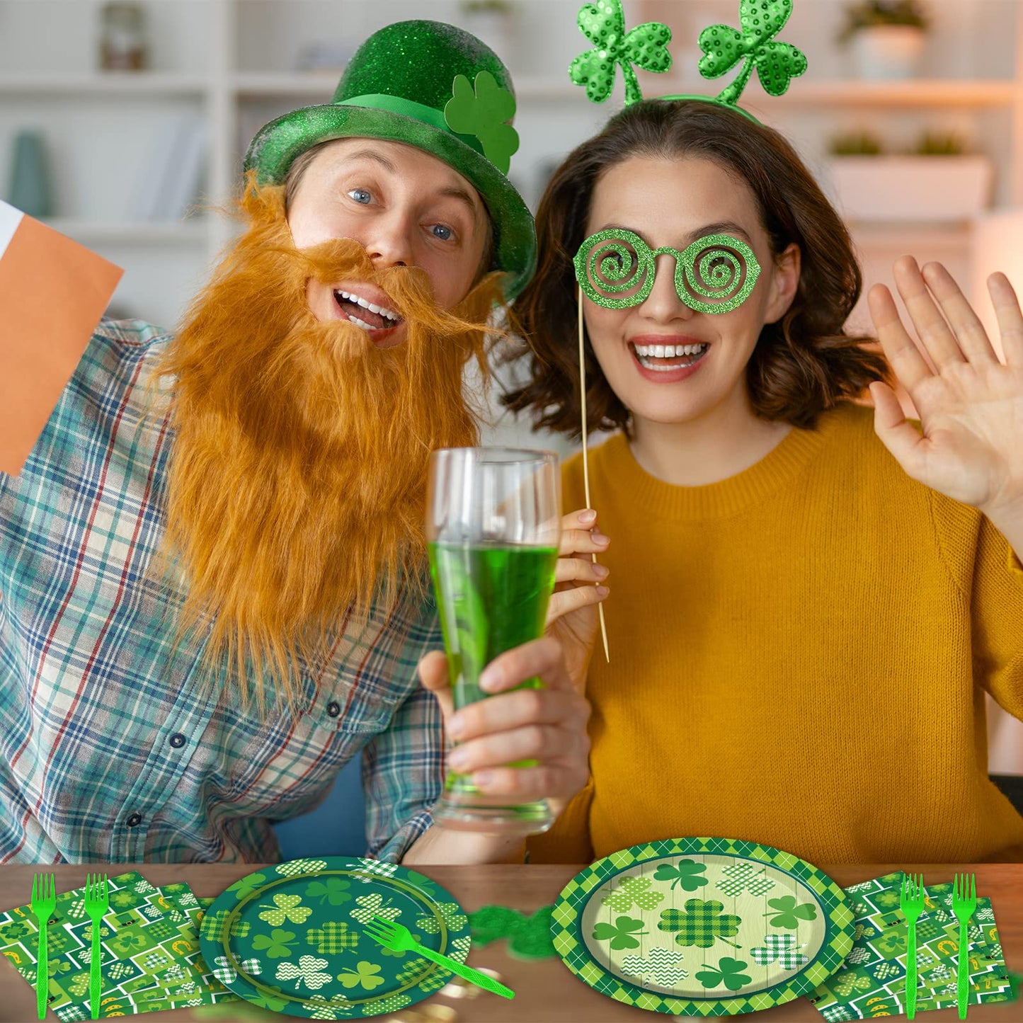96 Pcs St. Patrick’s Day Tableware Set Lucky Green Shamrock Plates Irish Festival Party Plates St. Patrick’s Day Plates and Napkins Paper Plates Napkins Forks for 24 Guests