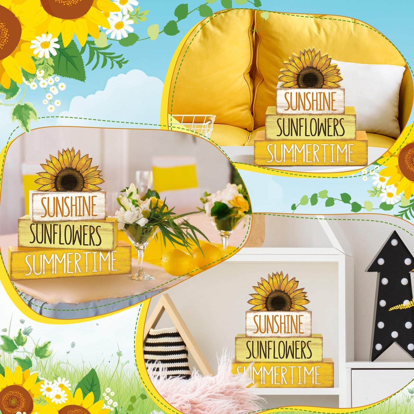 4 Pcs Summer Wooden Tiered Tray Decor Farmhouse Rustic Table Decor Books Stack Block Signs for Table & Home Office Decorations(Sunflower Style)