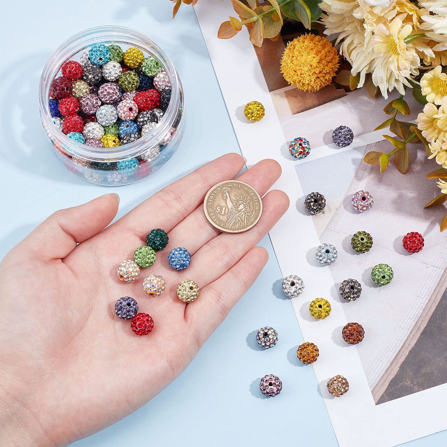 PH PandaHall 10mm Crystal Beads Rhinestones Beads 100pcs Pave Disco Ball Beads Mixed Color Polymer Clay Diamond Round Beads for Summer Bling Pen Bracelet Necklace Earring Jewelry Making Christmas
