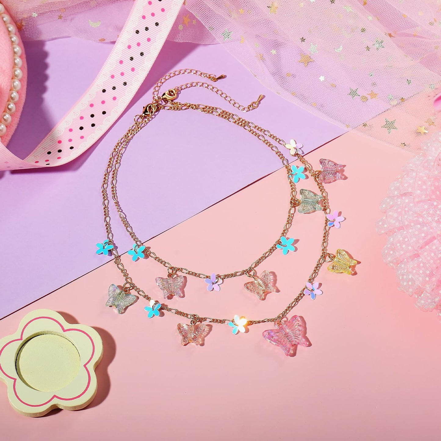 PinkSheep Butterfly Flower Necklace Bracelet for Girl Women Butterfly Jewelry 7PC Choker Necklaces Bracelet Cute Necklaces Beaded Necklace Bracelets Girl Gift