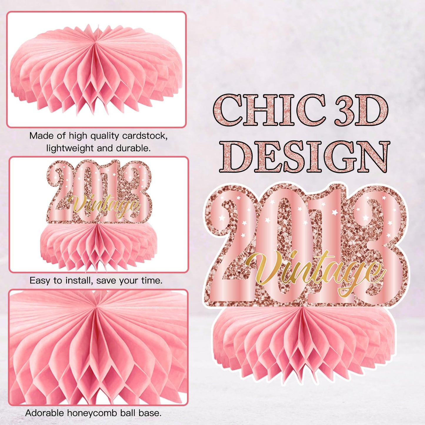 9Pcs 13th Birthday Decorations Rose Gold 13th Birthday Party Decorations for Girls,Pink Happy 13 Years Honeycomb Centerpieces Table Sign Decor Supplies