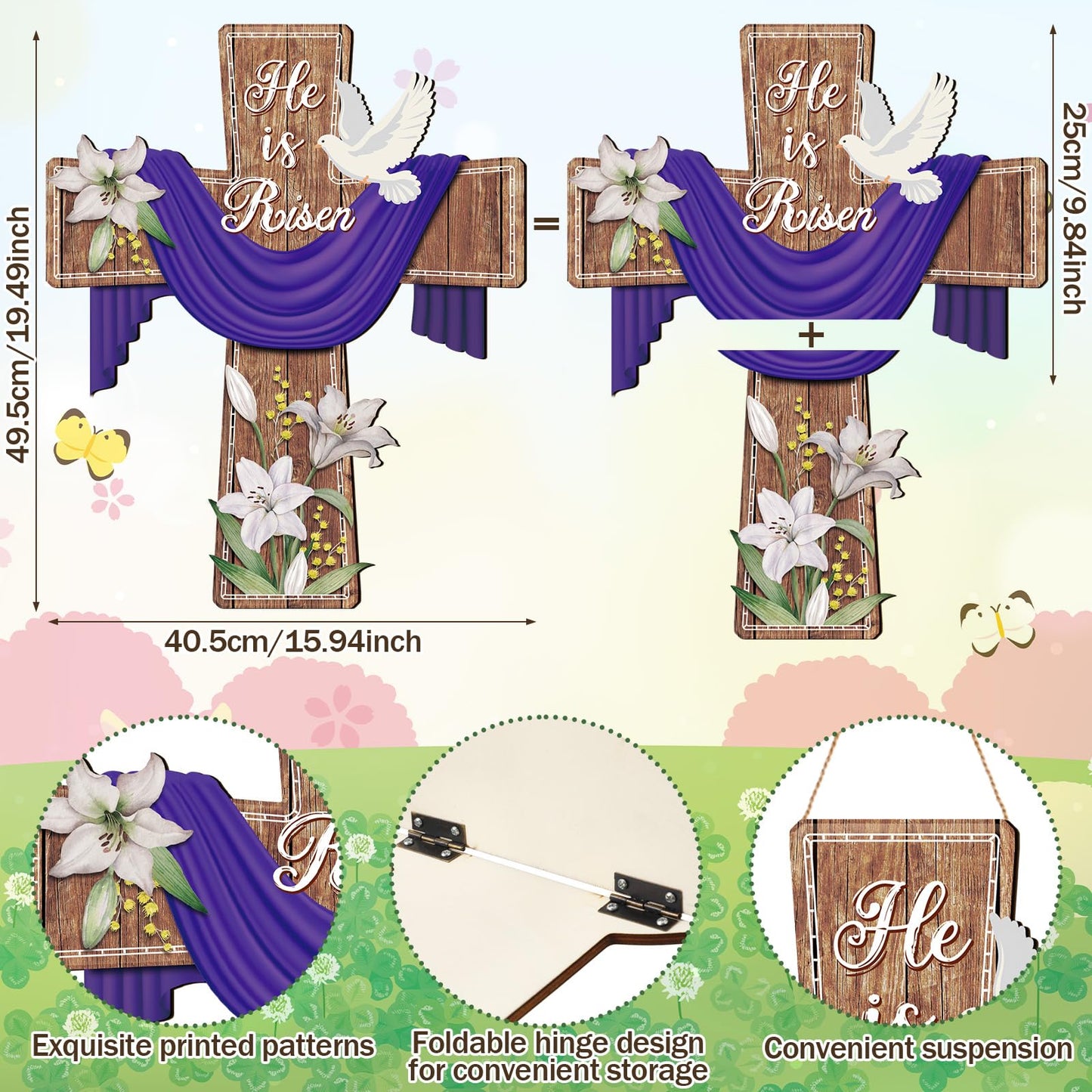 Easter Door Sign He Is Risen Hanging Decor Religious Cross Sign Easter Wreaths for Front Door Christian Flowers Lent Hanging Hanger for Farmhouse Front Porch(Cross,15.75 x 19.69 Inches)