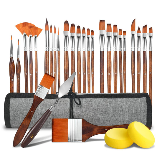 29 pcs Paint Brush Set,GETHPEN Acrylic Paint Brushes,Artist Series with Wide Flat,Round, Filbert, Flat, Fan,Angle,Dagger,Cat Tongue,Detail Brush,Rigger for Oil,