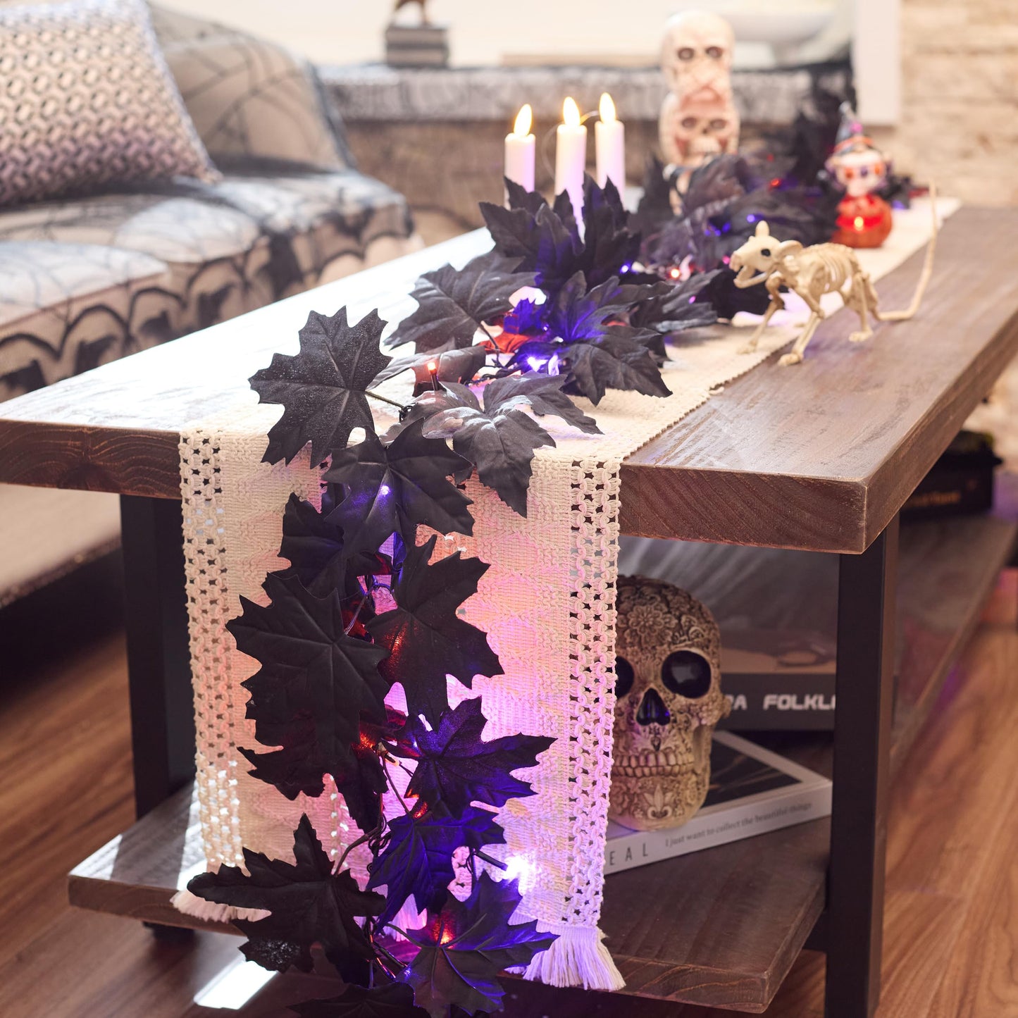 Valery Madelyn 9ft Halloween Garland with Lights, Thick Pre-Lit Light Up Black Maple Leaf Garland Halloween Decor for Mantle Fireplace Table Home Indoor