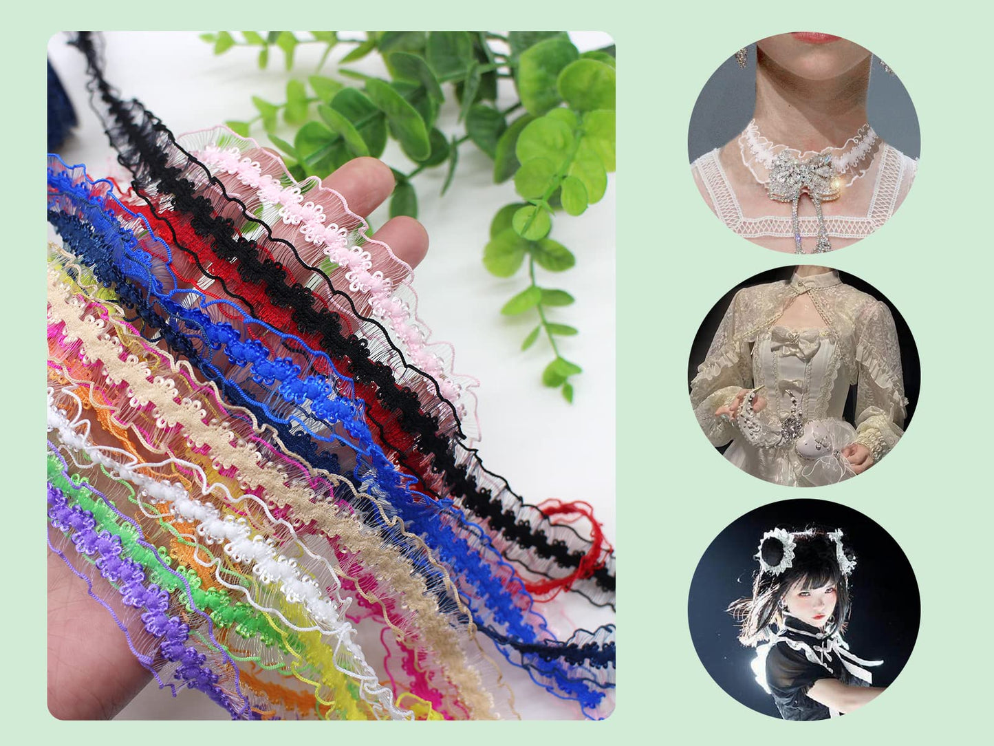 JESEP YONG 120 Yards Elastic Ruffle Ribbon for Sewing Assortment Organza Lace Trim 3/4 inch Stretch Crochet Craft Lace Trim Band Clothing and Garment for DIY Headband-Clothes-Bonnets-Hat