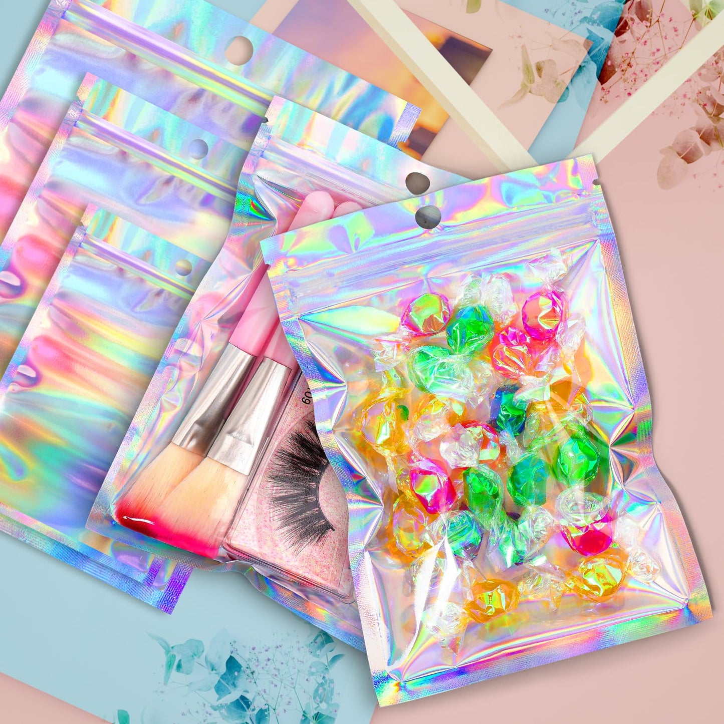 Funfery 100 pcs Mylar Holographic Bags Packaging Bags,Clear Resealable Bag Foil Pouch Bag for Party Favor,Goodies,Treat,Cards,Food Storage Baggies Packaging for Small Business(4x6in,Holographic)