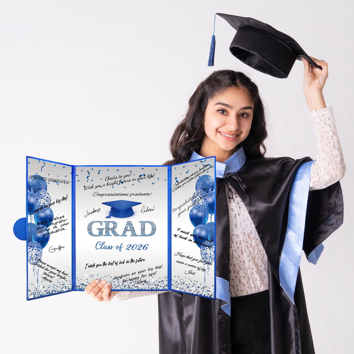 DARUNAXY Blue Silver Graduation Party Decorations, Blue Class of 2026 Congratulations Graduates Alternative Signature Guest Book for Men Happy Graduation Gifts Congrats Grad Party Signing Card Board