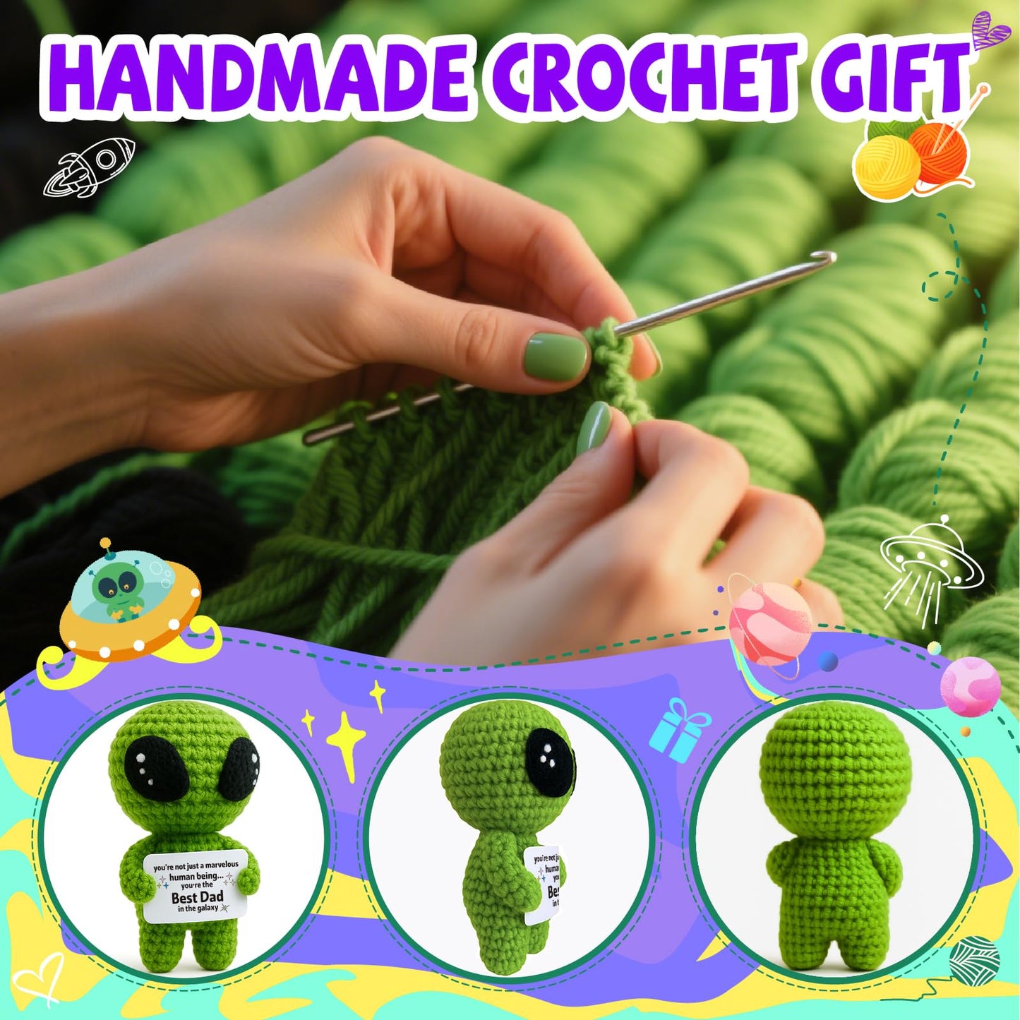 MAMAGIFTREE Fathers Day Funny Gift for Dad from Daughter Son with Message Card - Unique Dads Birthday Gifts for Husband from Wife Kids - Father’s Day Crochet Alien Handmade Decoration