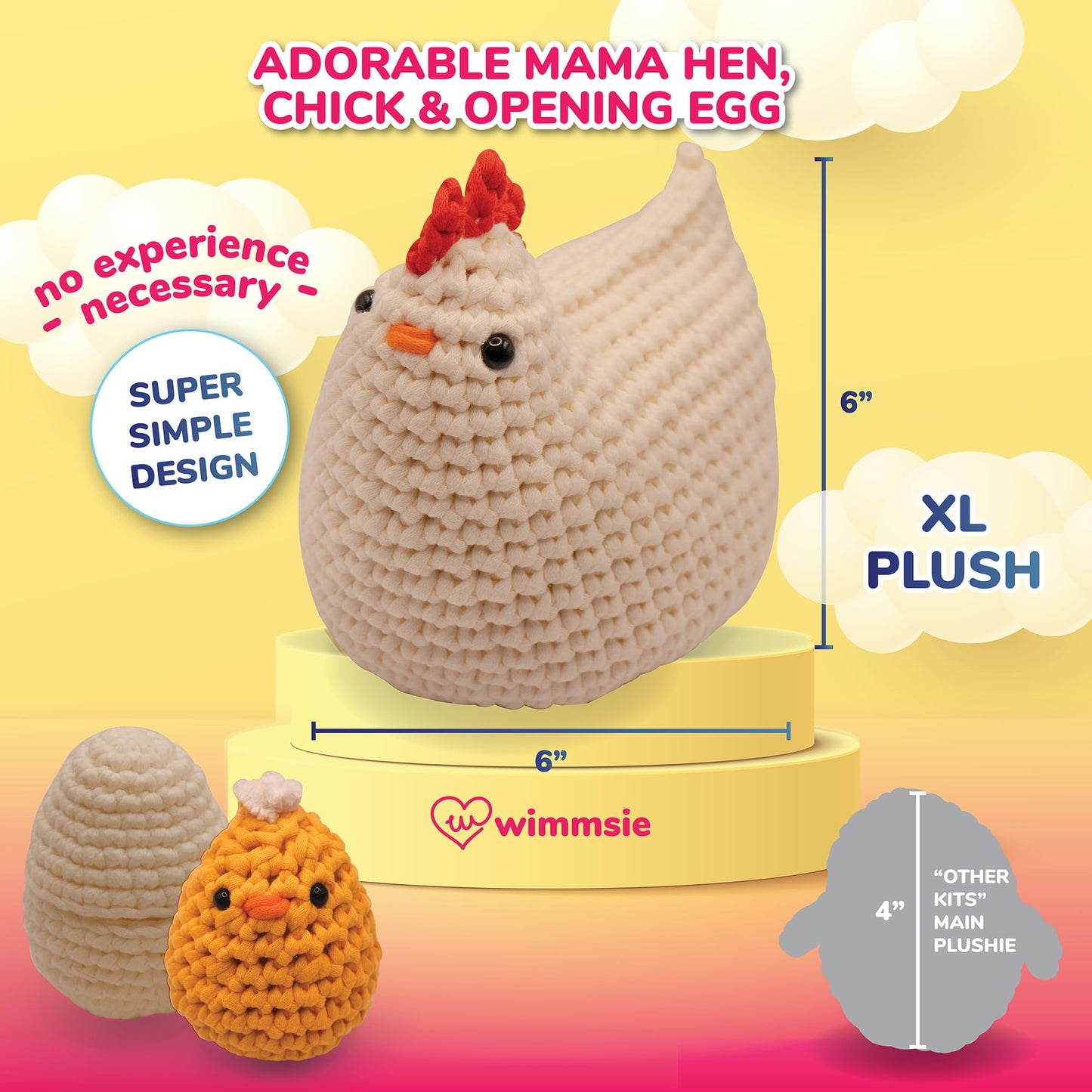 Wimmsie Crochet Animal Kit for Beginners - Easy Beginner Crochet Kit for Kids - Amigurumi Chicken Chick & Egg - 3 Kawaii Stuffed Animals - Cute DIY Yarn Plush